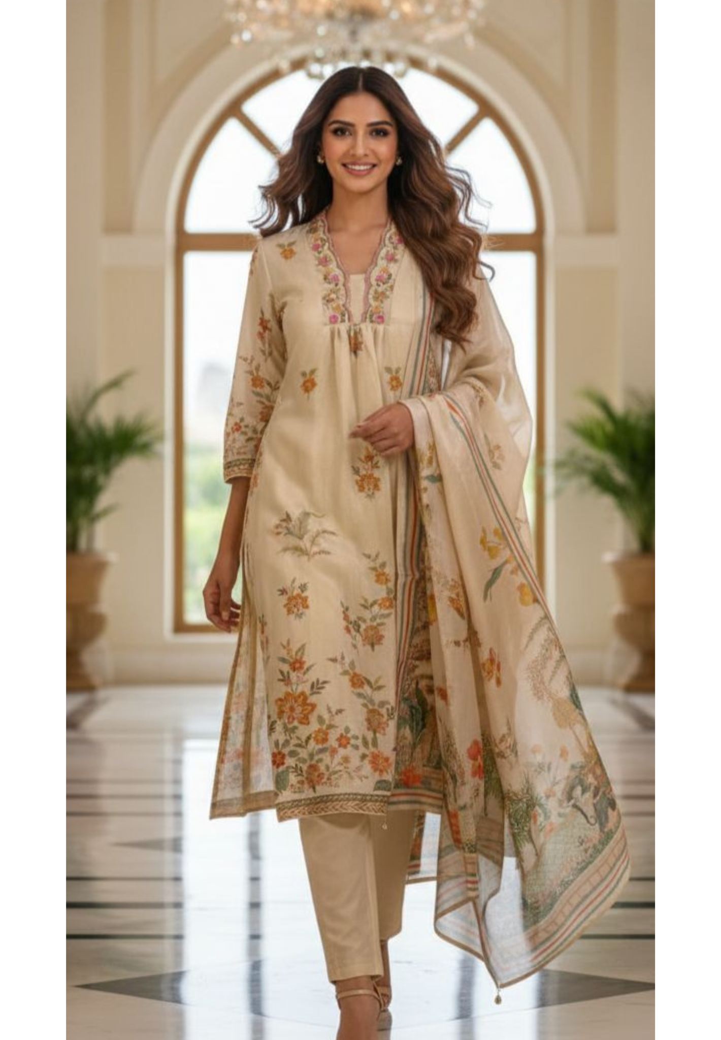 Digital Floral Patterned Print Unique Cut-Work Neck Line Full Suit Set With Dupatta-13078