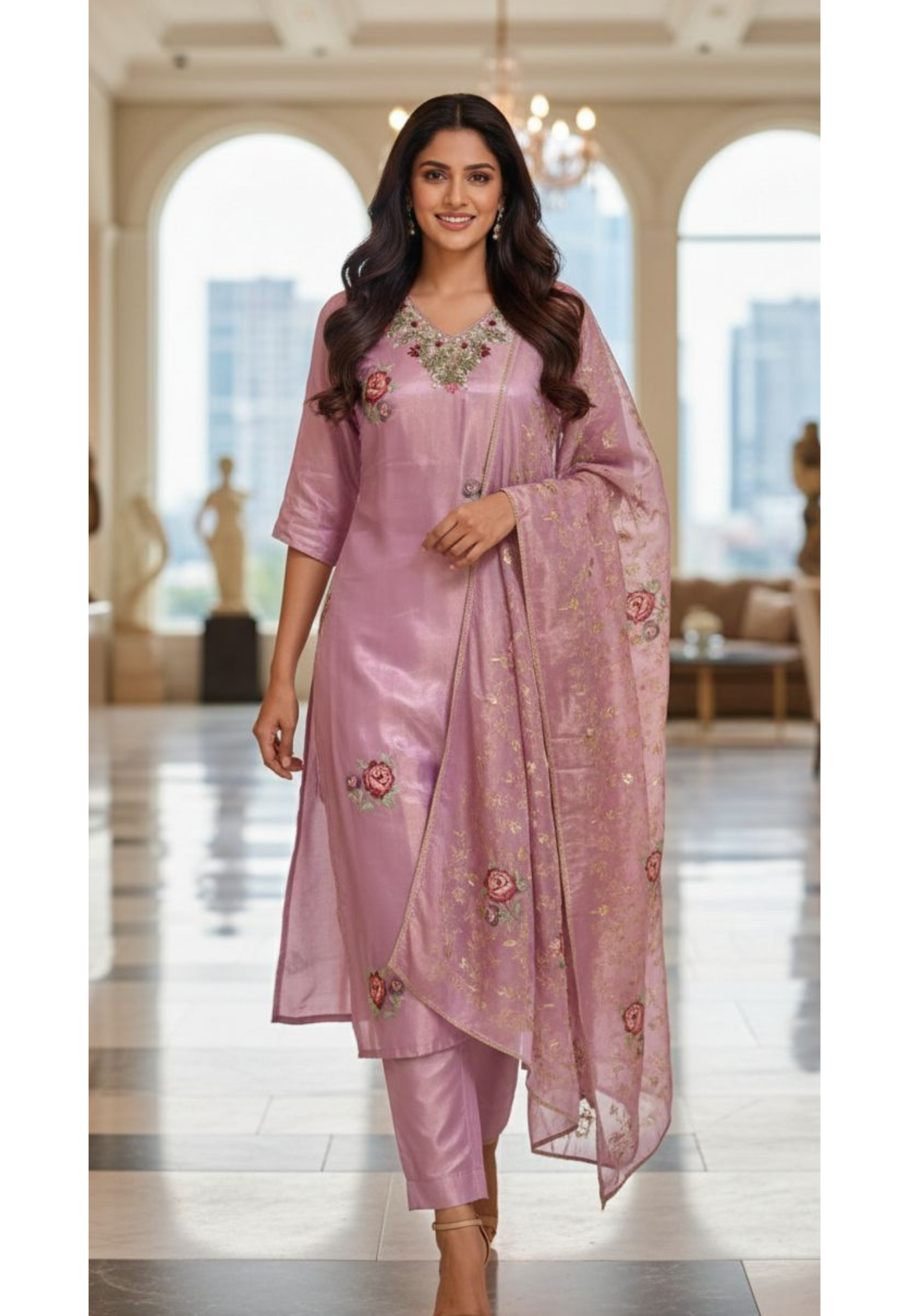 Cross Stitch Floral Embroidery Work Gardenia Neck Line Tissue Full Suit Set With Dupatta- 12981