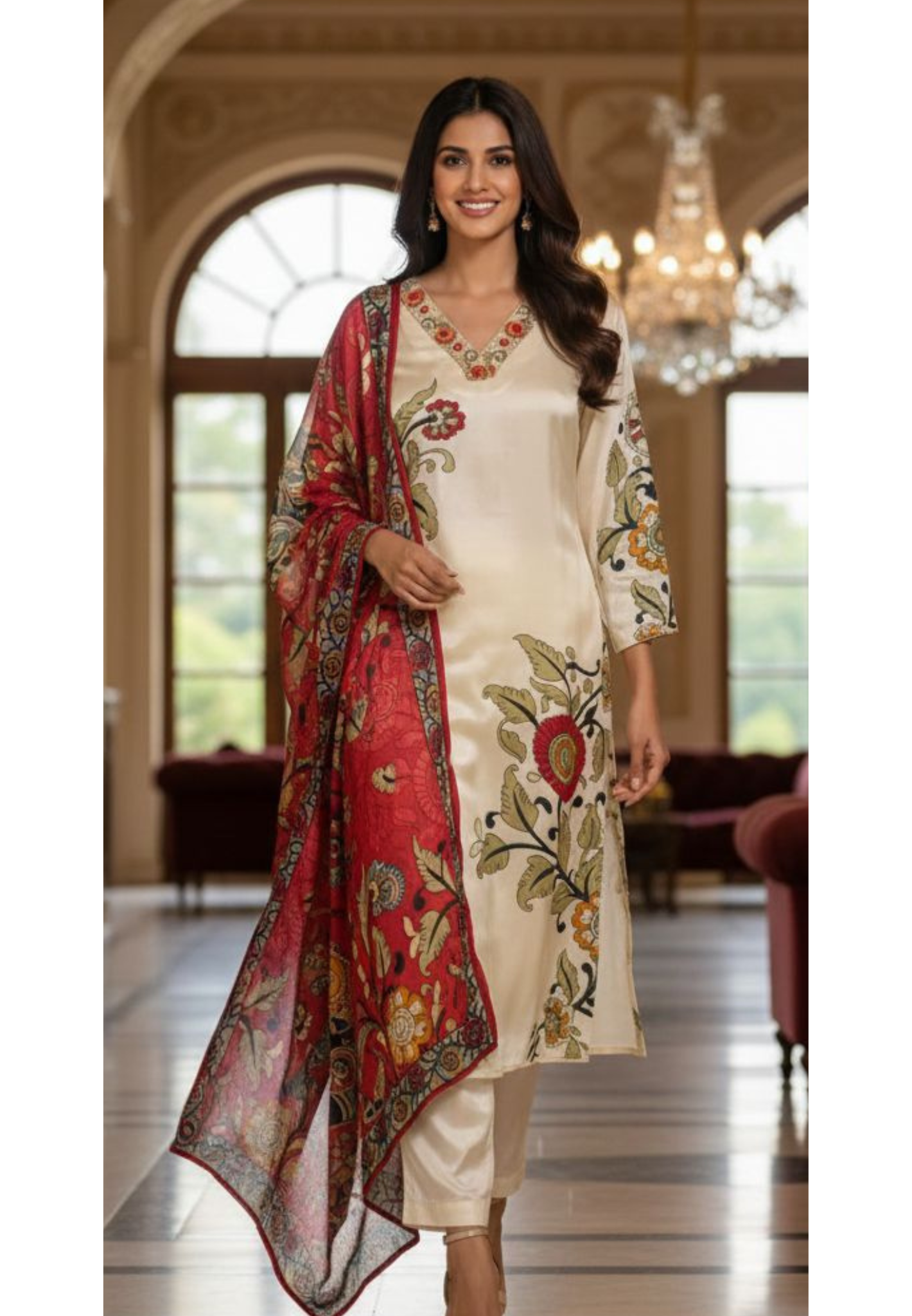 Very Uniquely Digital Printed V-Neck Line Suttle Full Suit Set With Dupatta In Crepe Fabric- 13076