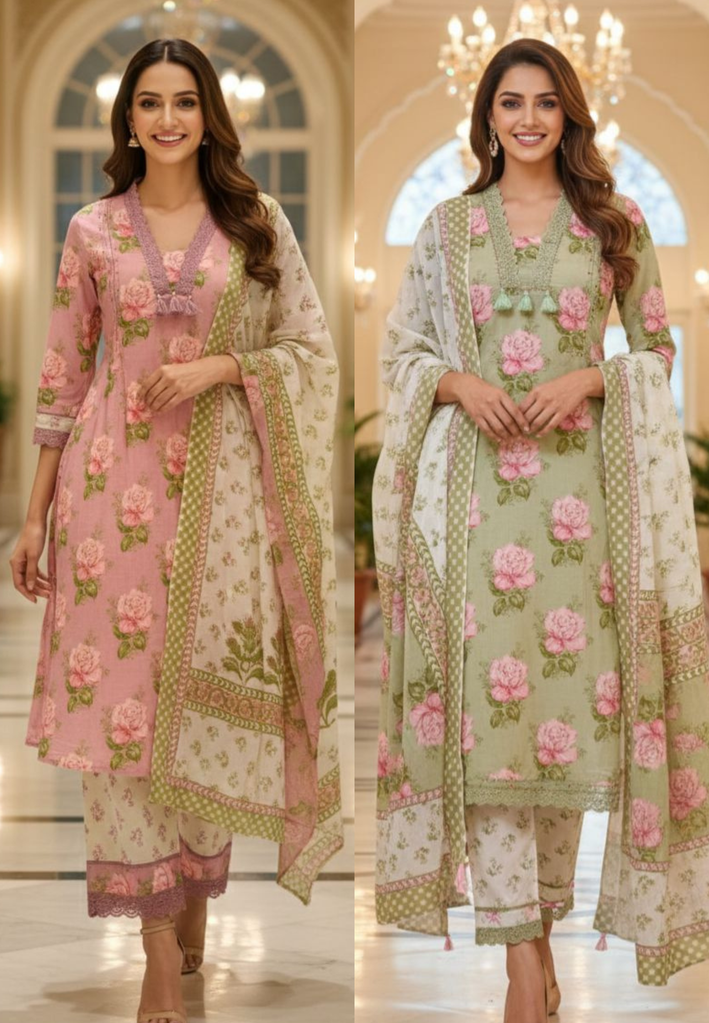 Rose Floral Printed Cut-Work Crosia Lace A-Line Full Suit Set With Dupatta In Cotton Fabric-