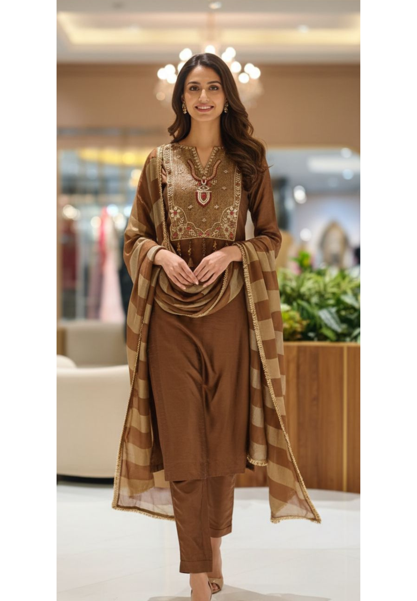 Classic Tissue  Straight-Fit Kurta with Detailed Ethnic Embroidery and Stylish Striped Dupatta-13053