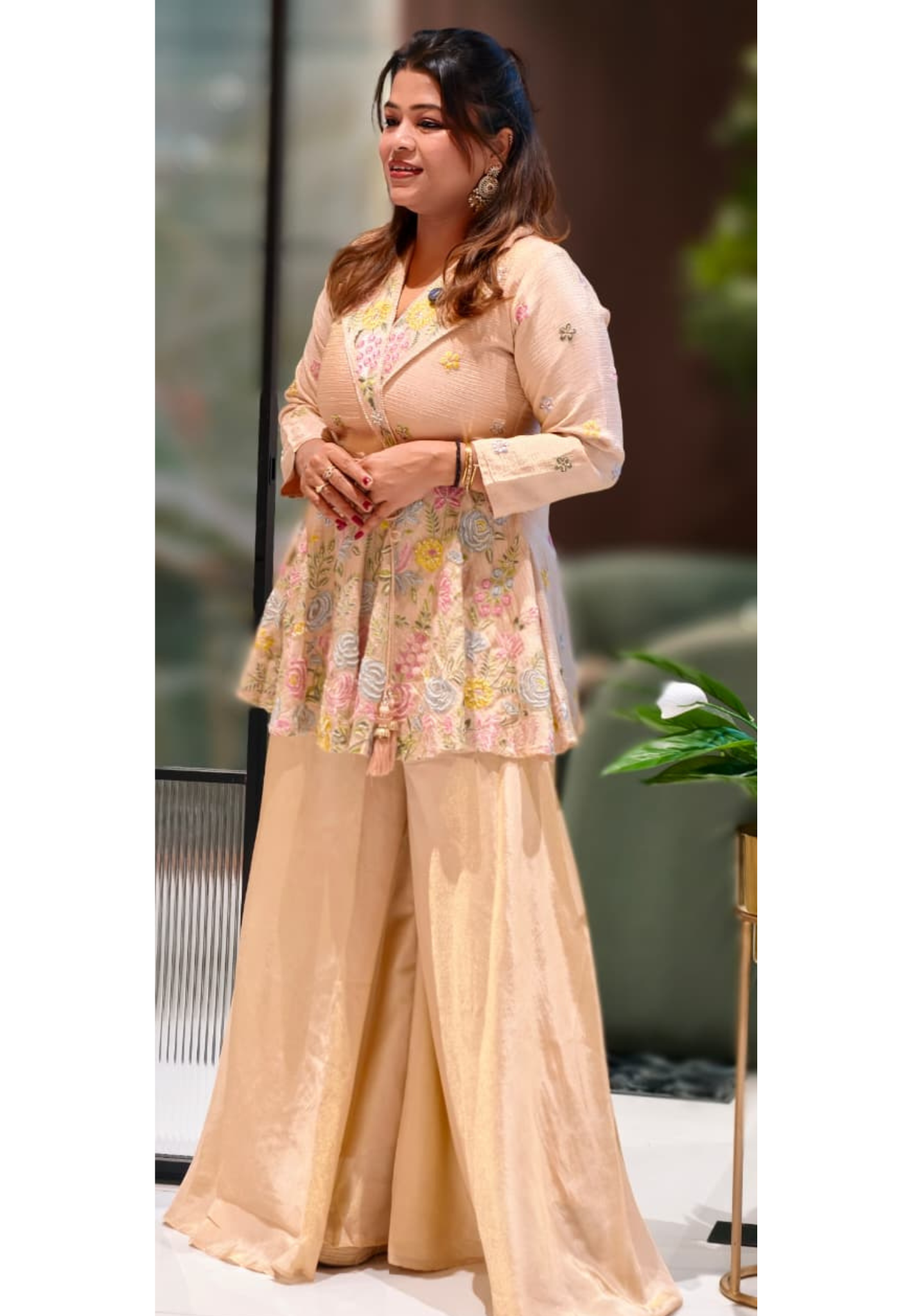 Very Elegant Floral Embroidery Collared Peplum Kurta With Taperred Palazzo Bottom- 13070