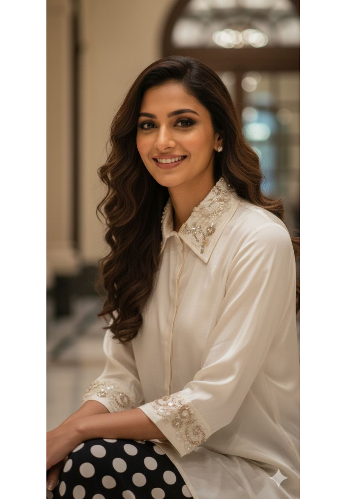 Minimal Collar & Cuff Popped Embroidery Work Very Simple Upper With Polka Printed Loose Bottom- 12918