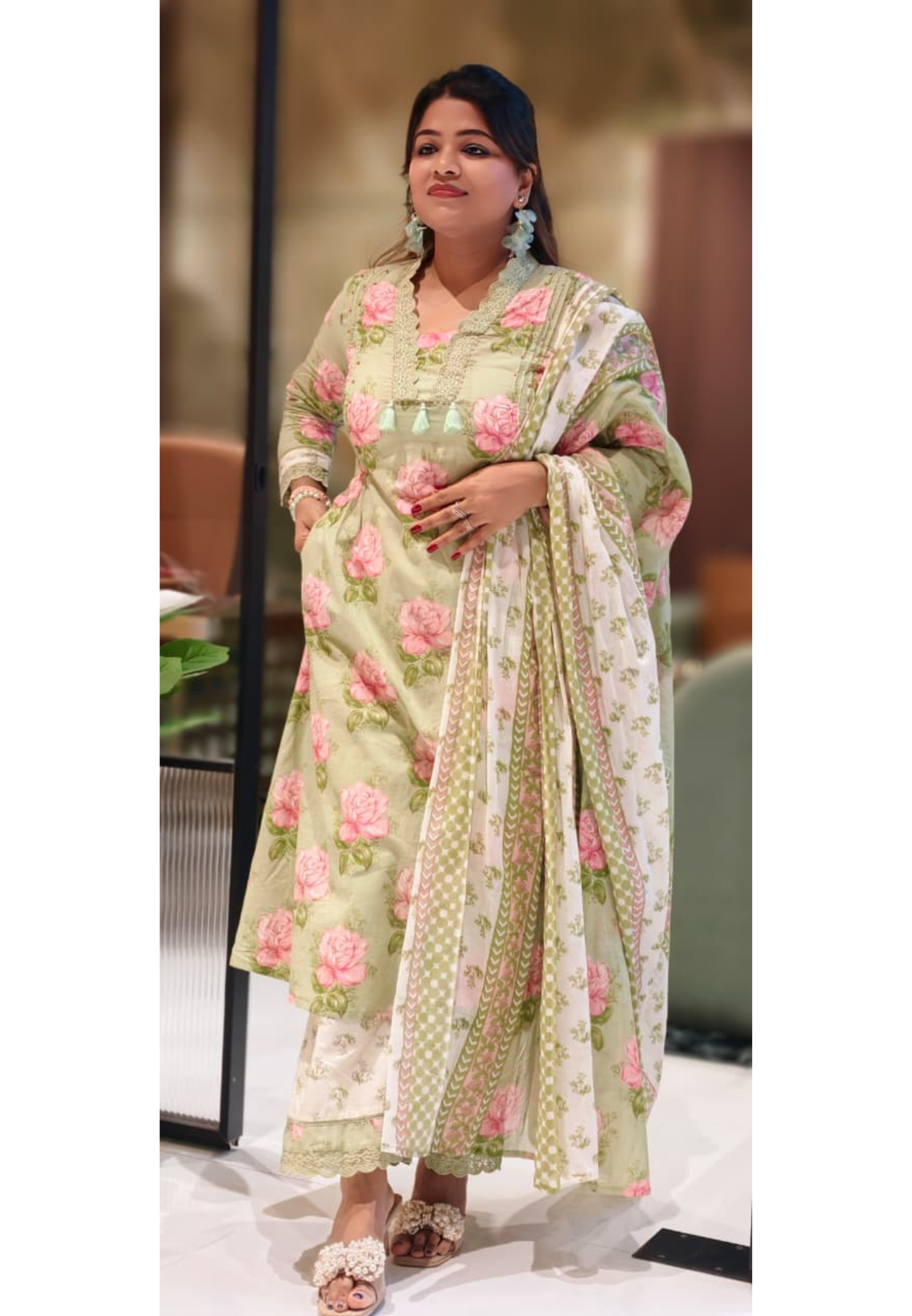 Rose Floral Printed Cut-Work Crosia Lace A-Line Full Suit Set With Dupatta In Cotton Fabric-