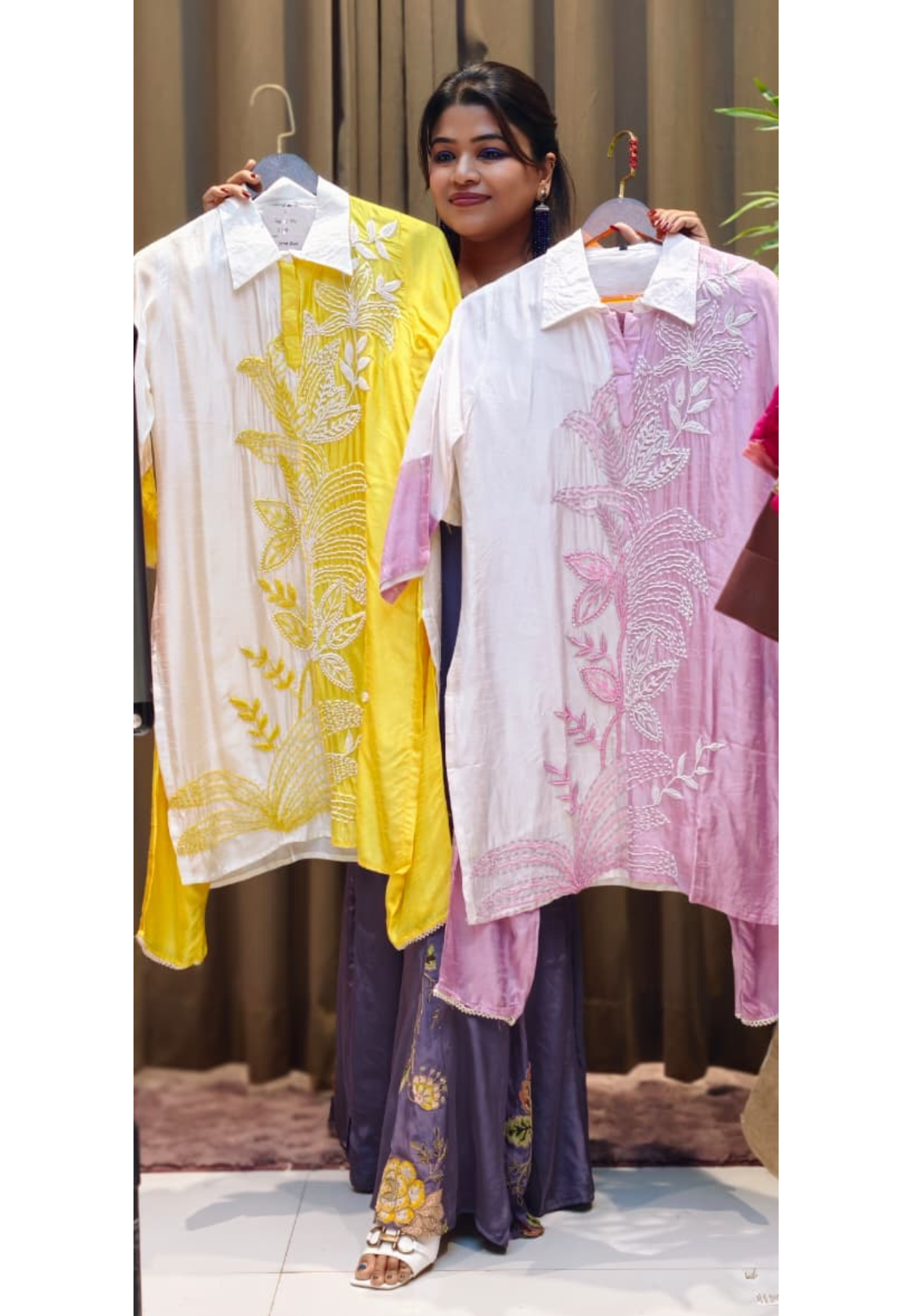 Cut-Dana Leafy Patterned Pastel Twin Color Co-Ord Set In Russian Silk Fabric- 12915