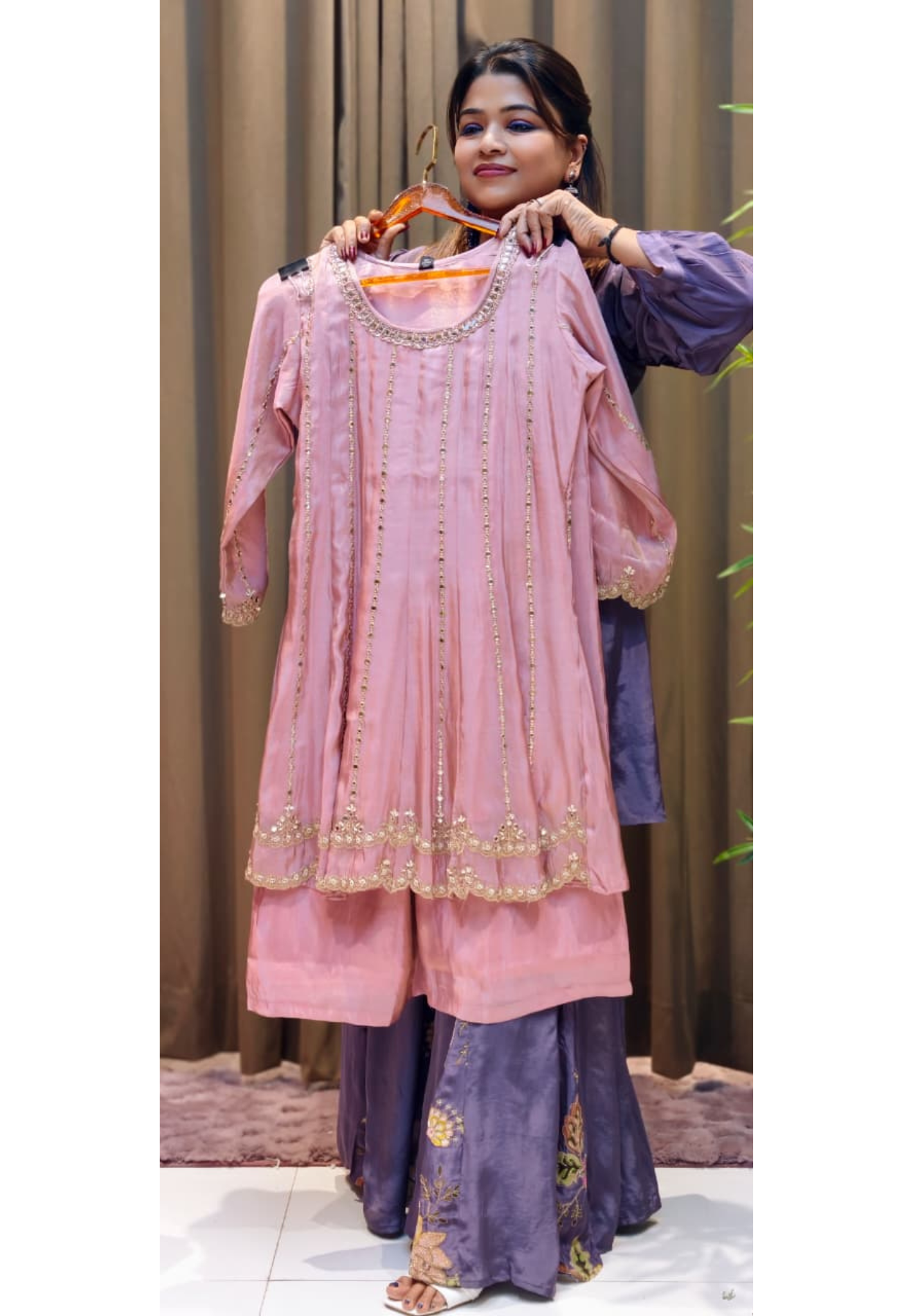 Peplum Style Real Mirror With Thread Upwork Elegant Tissue Panel Short Length Kurta With Palazzo Bottom Set- 13069