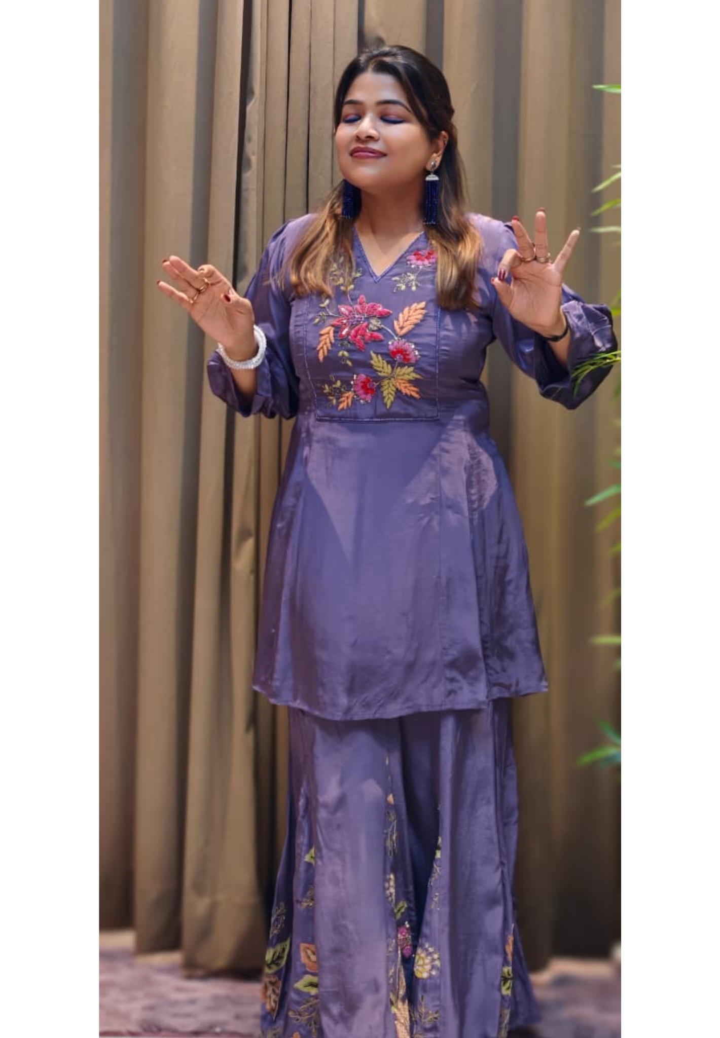 Fine Floral Embroidery Yoke Peplum Style Kurta With Panel Palazzo Bottom- 13073