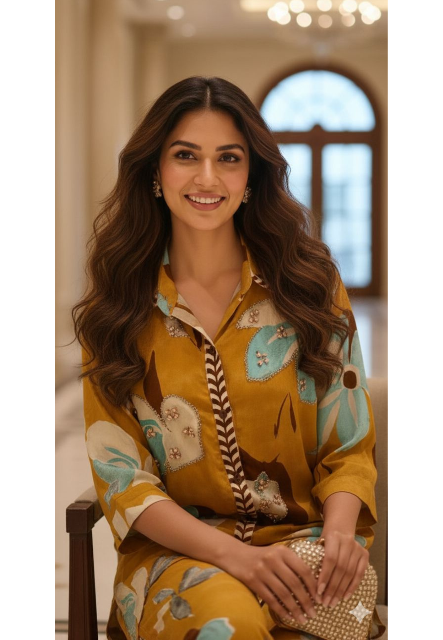 Stylish Indo-Western Kurta Pant Set for Women Mustard Floral Printed Shirt-Style Kurta With Matching Printed Pants In Crepe Fabric- 13090