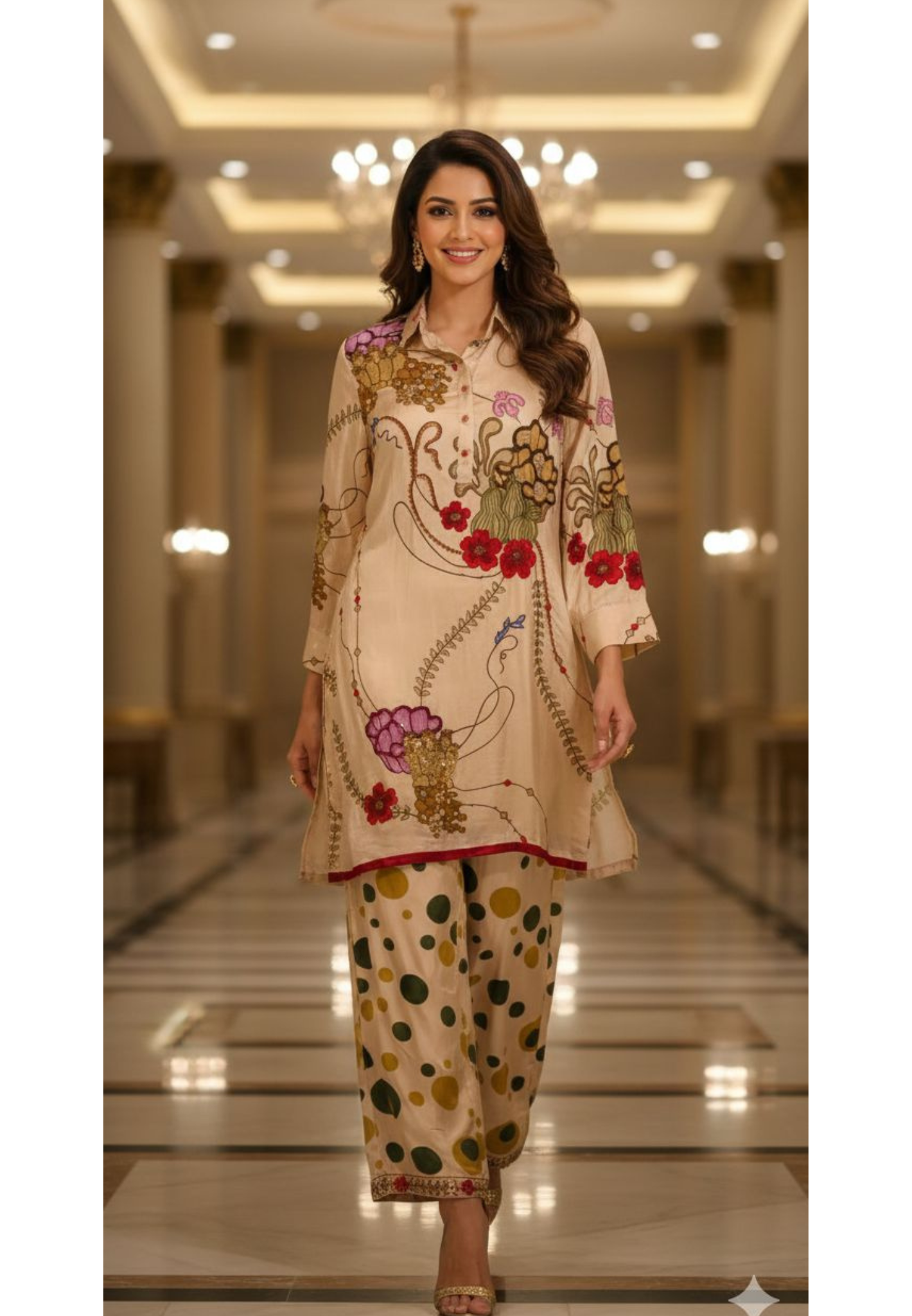 Elegant Beige Printed Kurta With Artistic Motif Detailing & Coordinated Pants- 13092