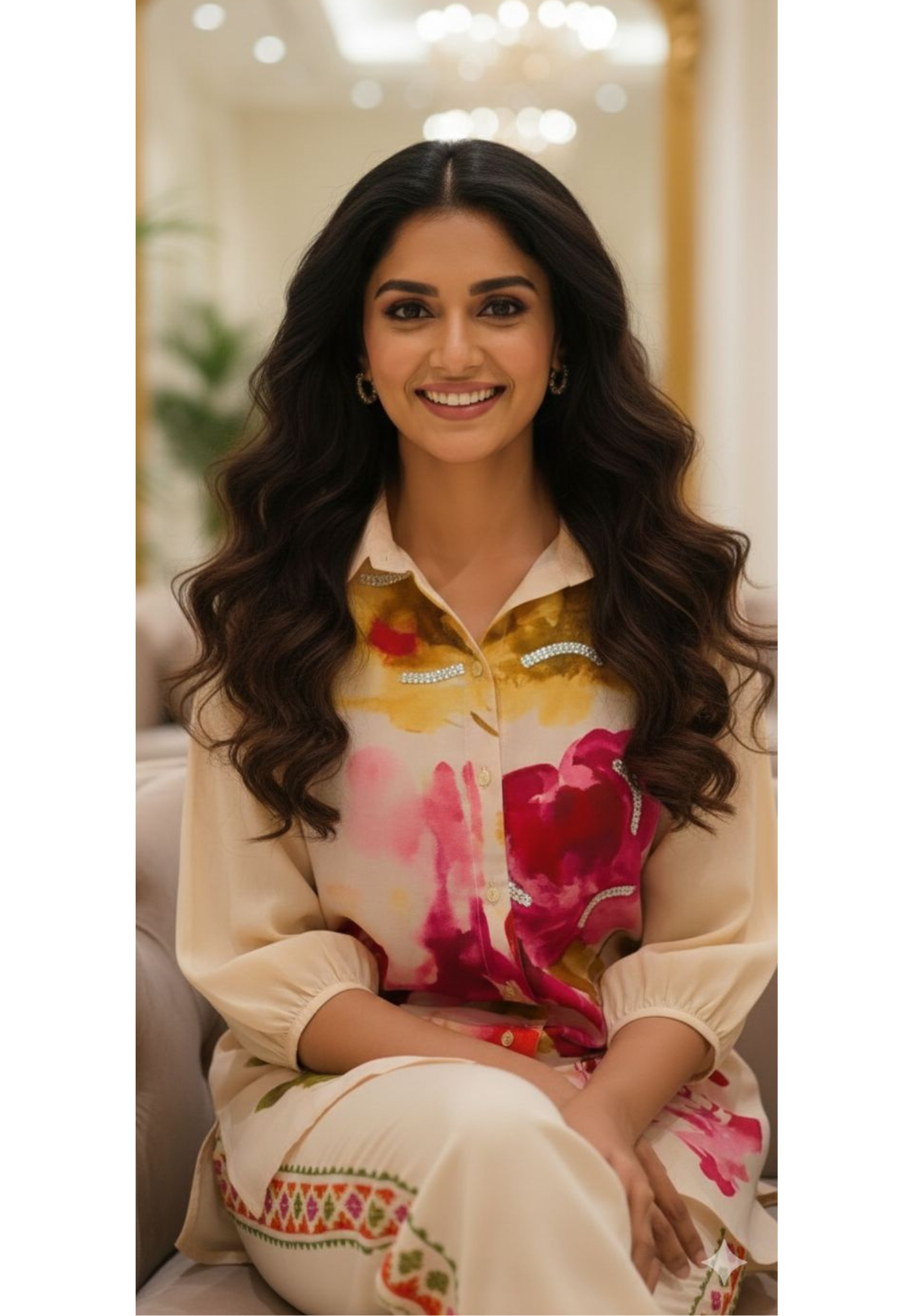 Off-White Floral Printed Shirt-Style Kurta with Embroidered Side-Panel Pants In Linen Fabric- 13089