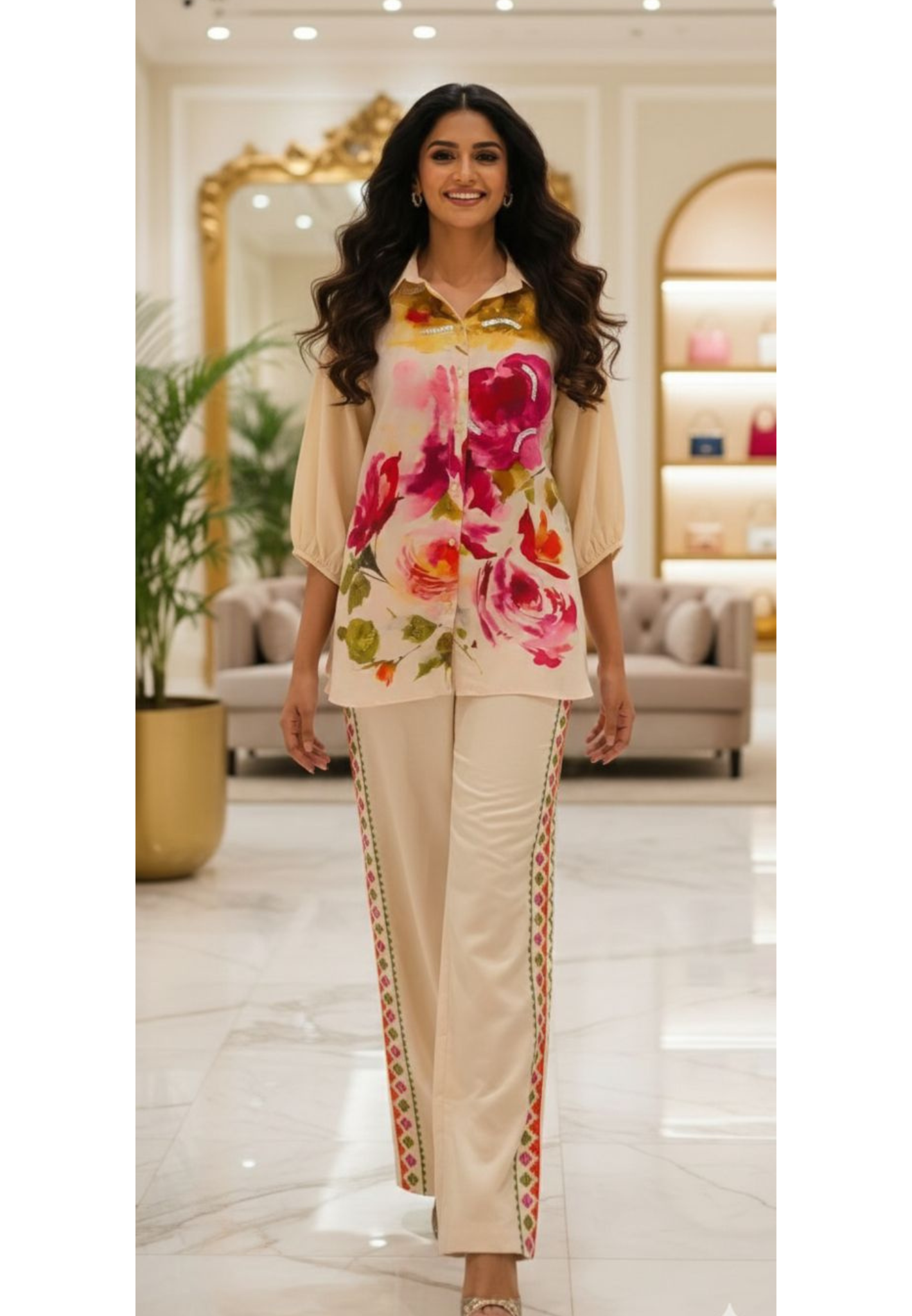 Off-White Floral Printed Shirt-Style Kurta with Embroidered Side-Panel Pants In Linen Fabric- 13089