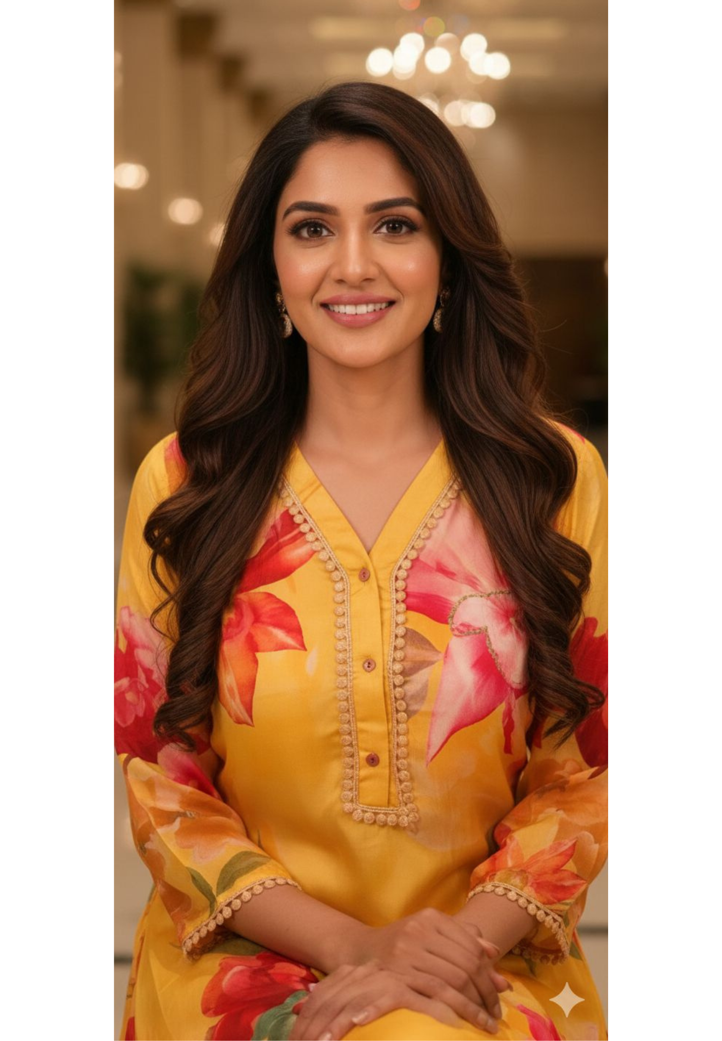 Elegant Yellow Floral Printed Kurta With Decorative Neck Detailing and Matching Pants In Pure Crepe Fabric- 13091