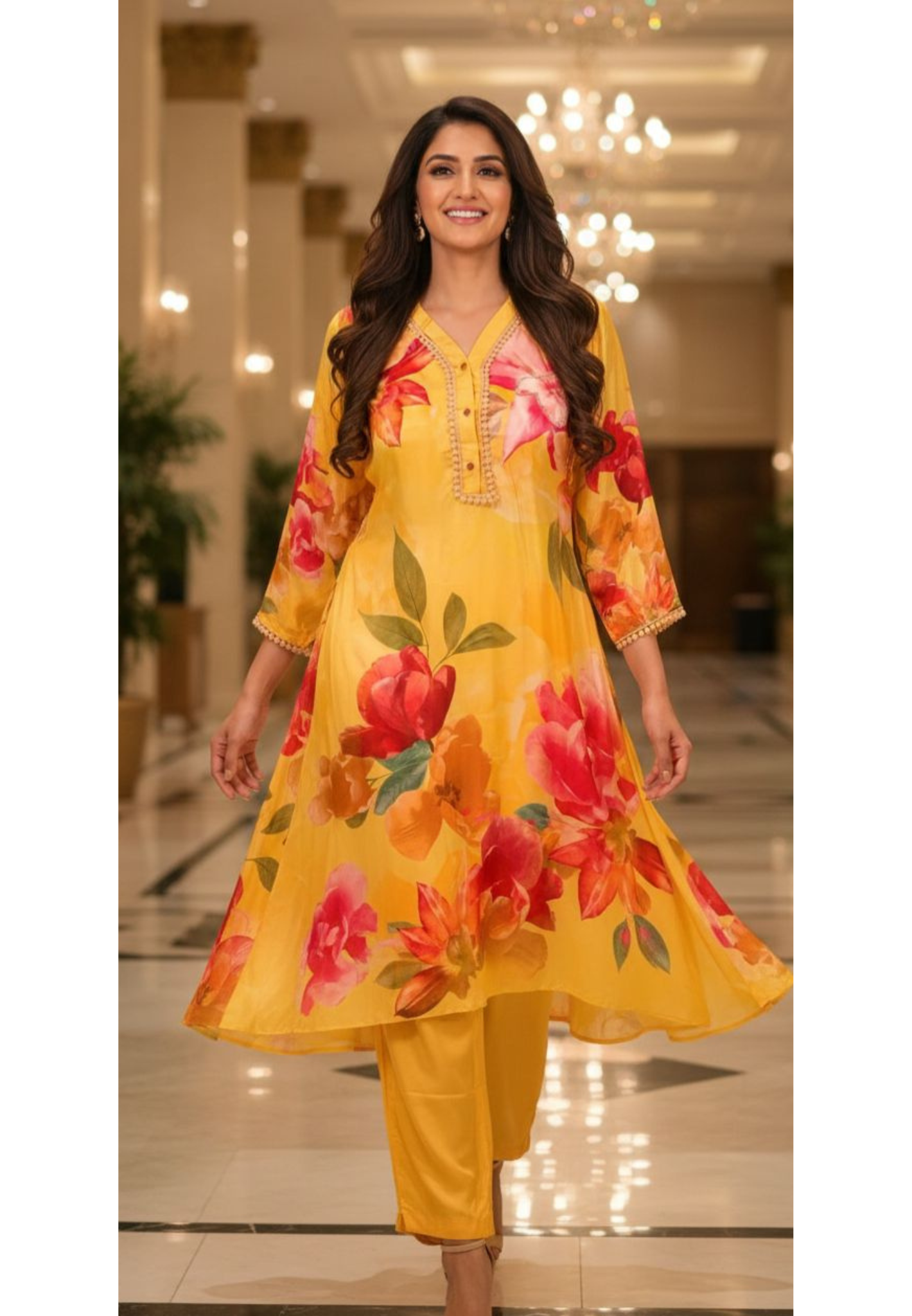 Elegant Yellow Floral Printed Kurta With Decorative Neck Detailing and Matching Pants In Pure Crepe Fabric- 13091
