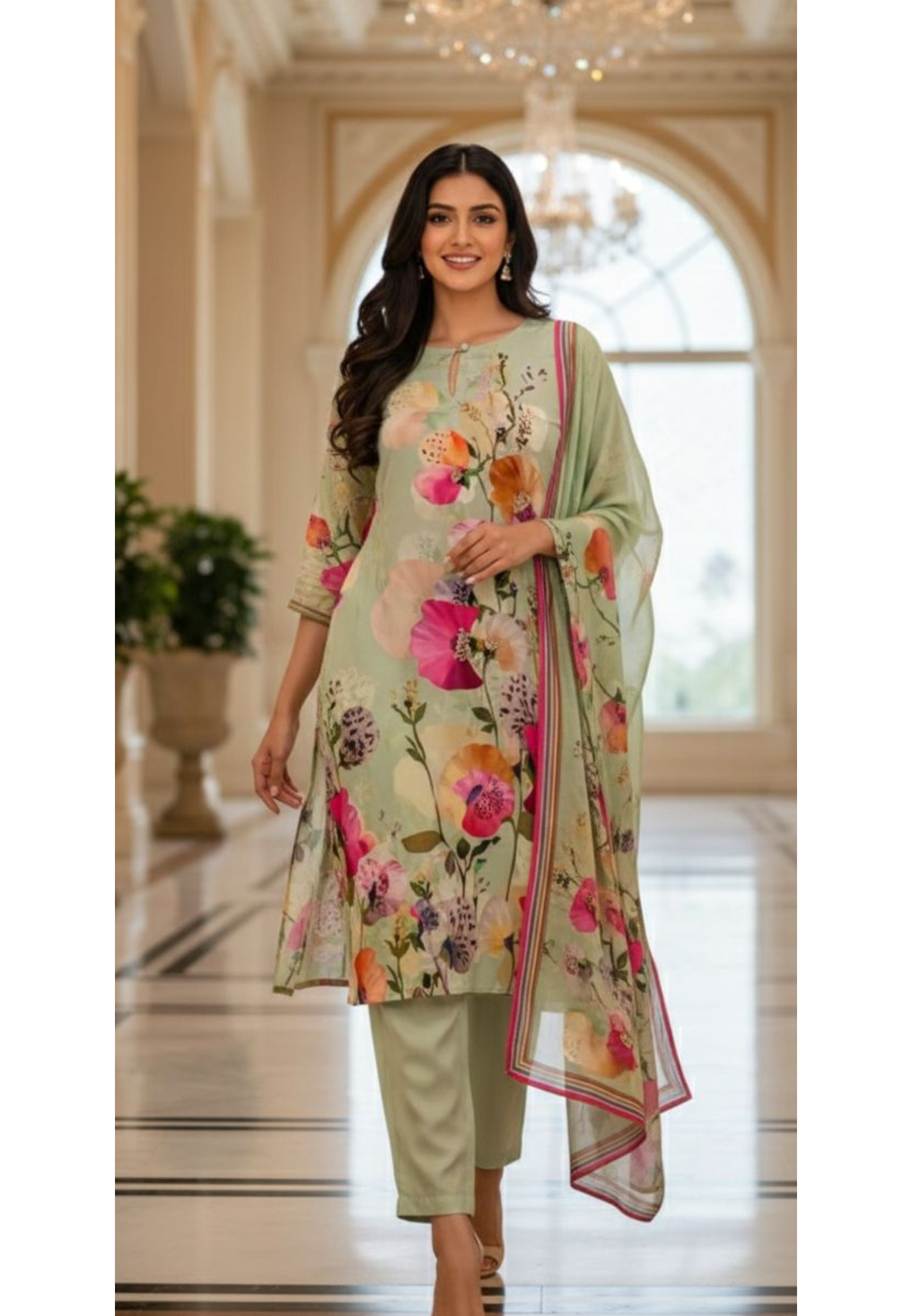 Elegant Mint Green Floral Printed Kurta With Matching Bottom & Dupatta In Crepe Fabric- 13093
