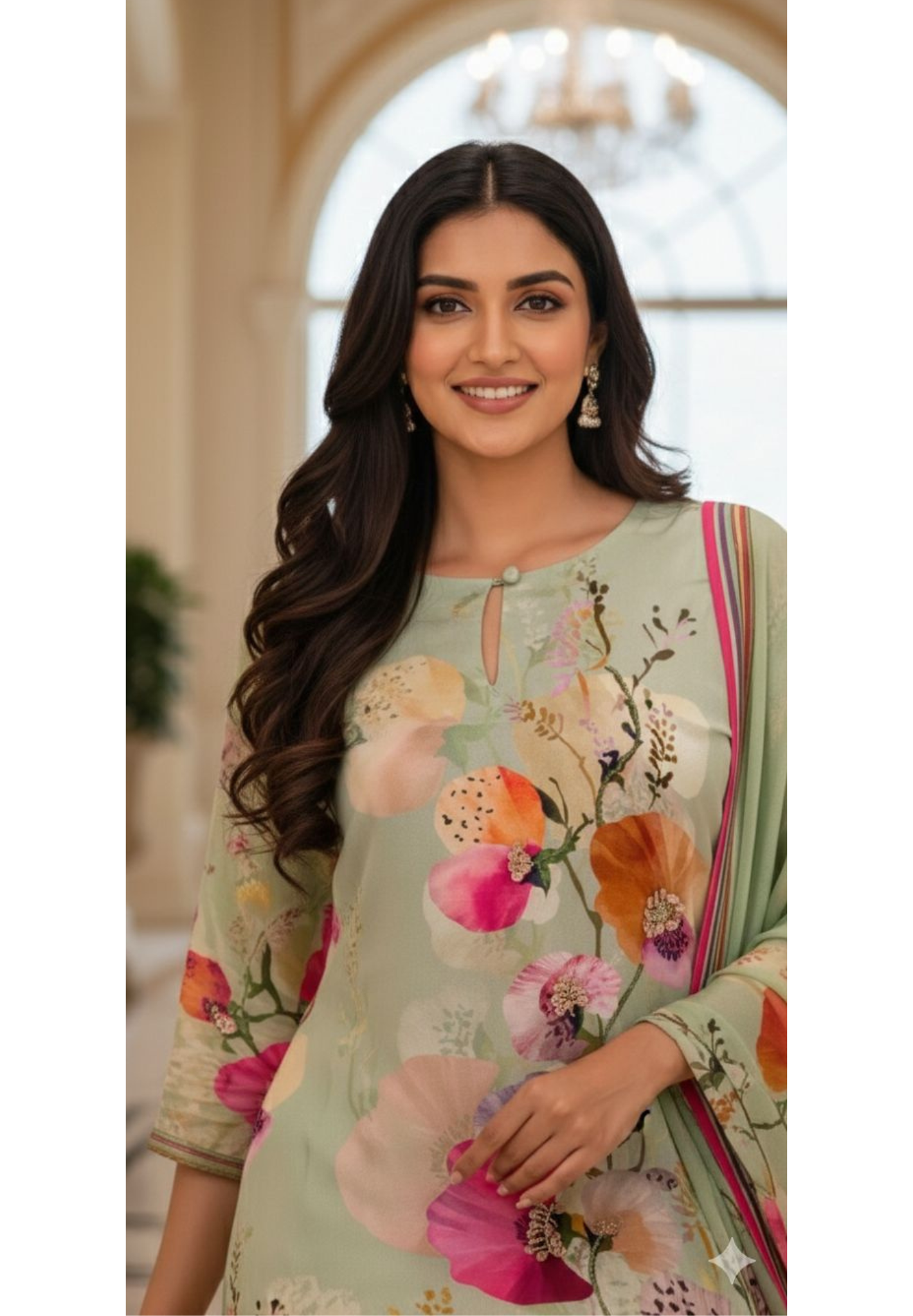 Elegant Mint Green Floral Printed Kurta With Matching Bottom & Dupatta In Crepe Fabric- 13093