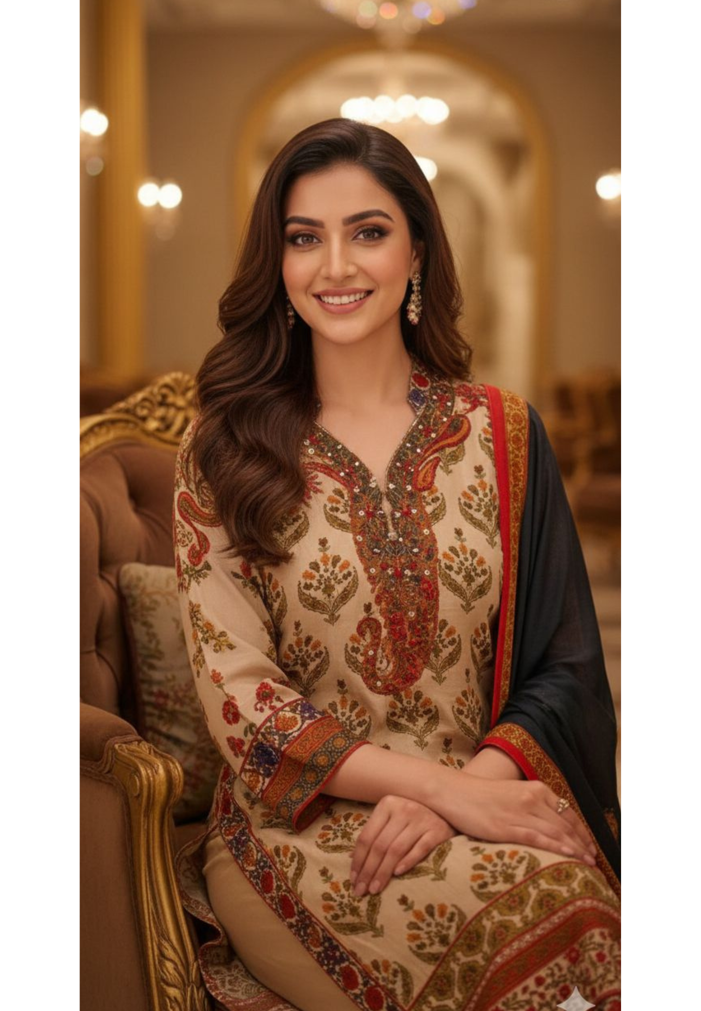 Pure Crepe Beige Floral Printed Straight Cut Kurti with Embroidered Neckline and Matching Bottom- 13087