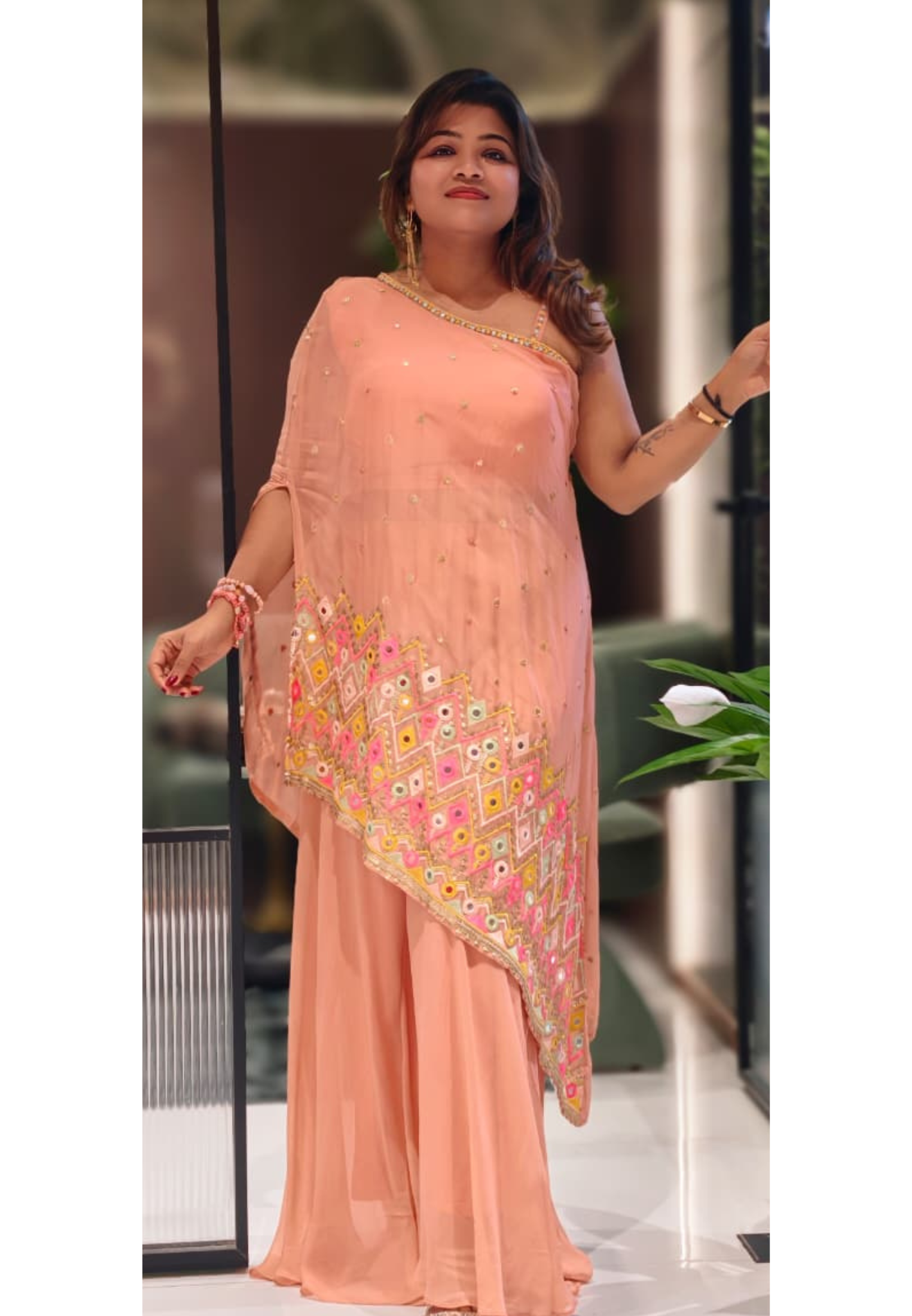 Asymmetrical Mirror Bloom Ethnic Designer Suit With Loose Palazzo Bottom In Georgette Fabric- 13072