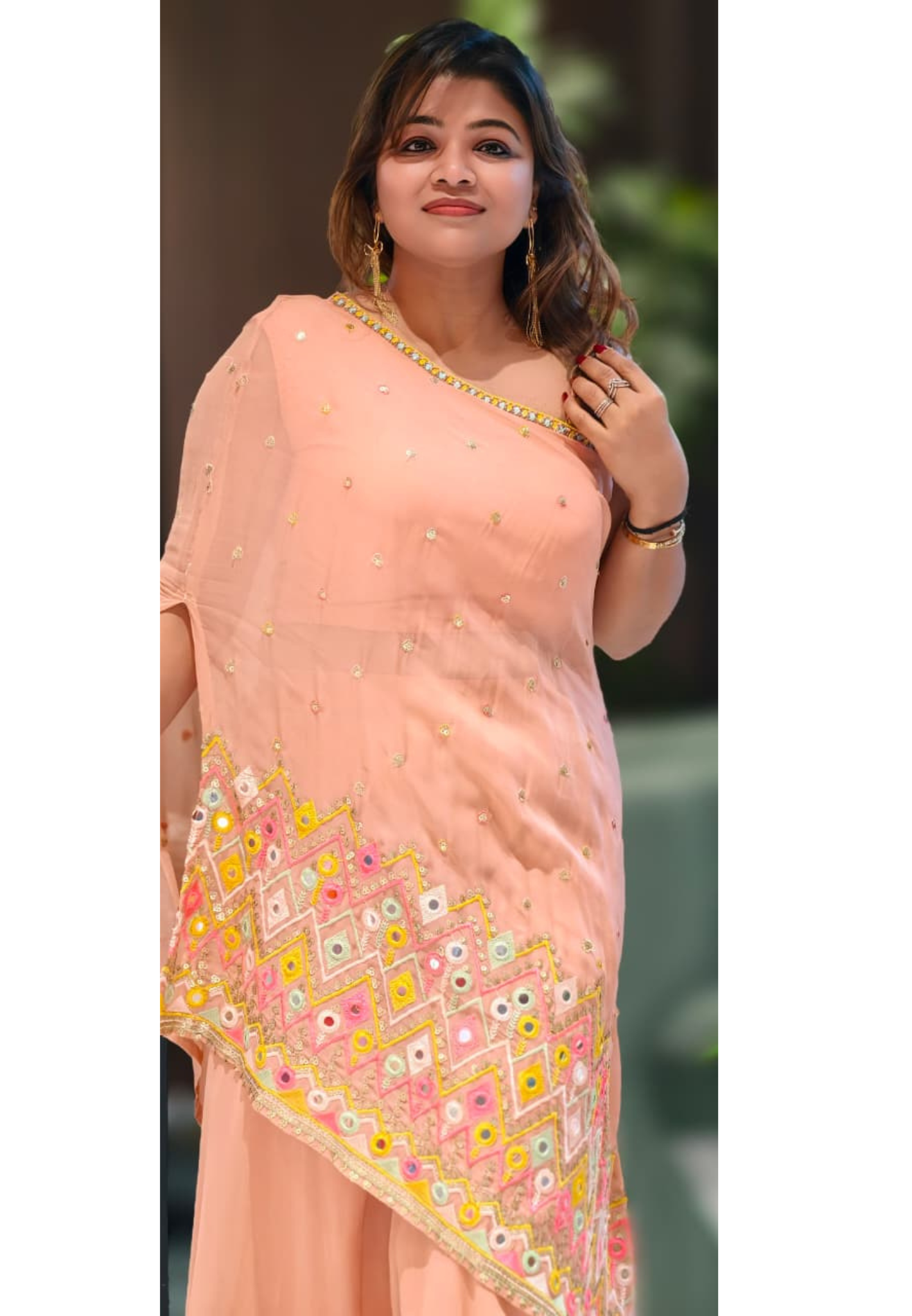 Asymmetrical Mirror Bloom Ethnic Designer Suit With Loose Palazzo Bottom In Georgette Fabric- 13072