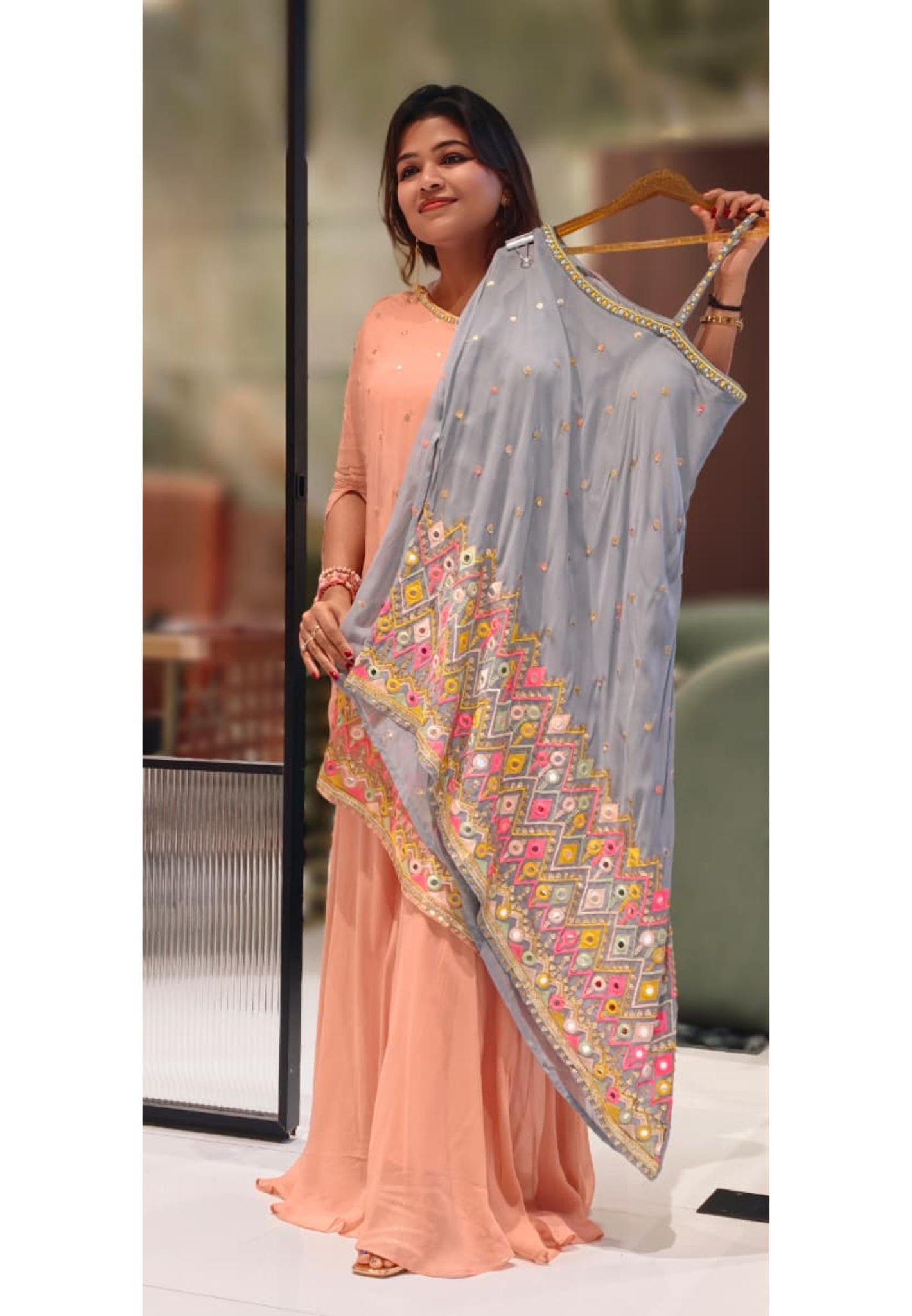 Asymmetrical Mirror Bloom Ethnic Designer Suit With Loose Palazzo Bottom In Georgette Fabric- 13072