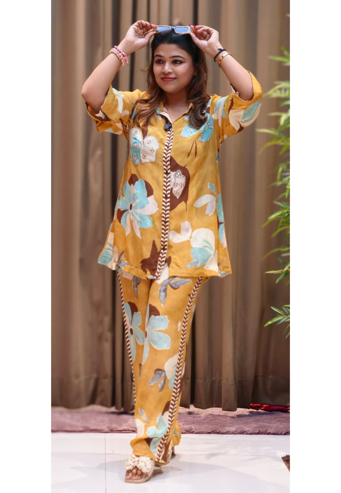 Stylish Indo-Western Kurta Pant Set for Women Mustard Floral Printed Shirt-Style Kurta With Matching Printed Pants In Crepe Fabric- 13090