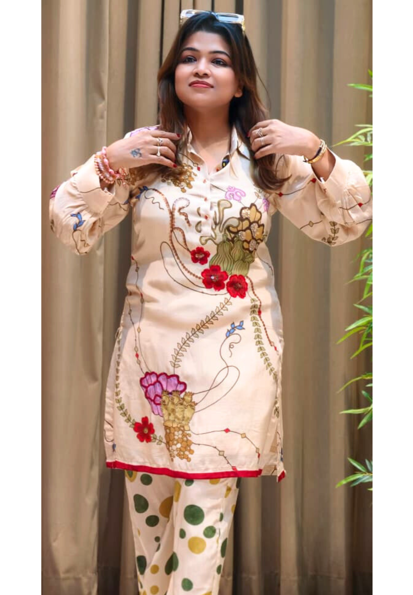 Elegant Beige Printed Kurta With Artistic Motif Detailing & Coordinated Pants- 13092