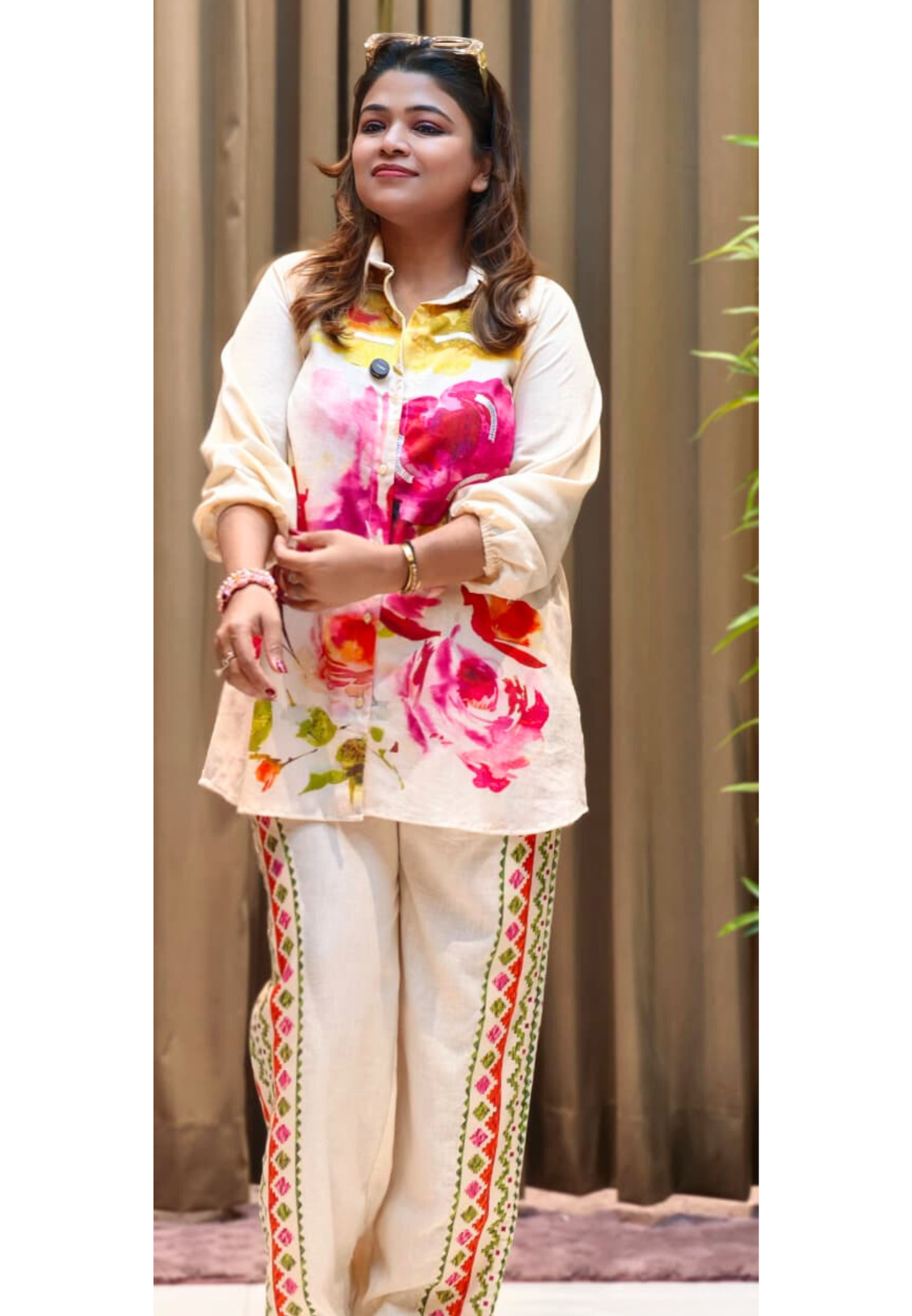 Off-White Floral Printed Shirt-Style Kurta with Embroidered Side-Panel Pants In Linen Fabric- 13089