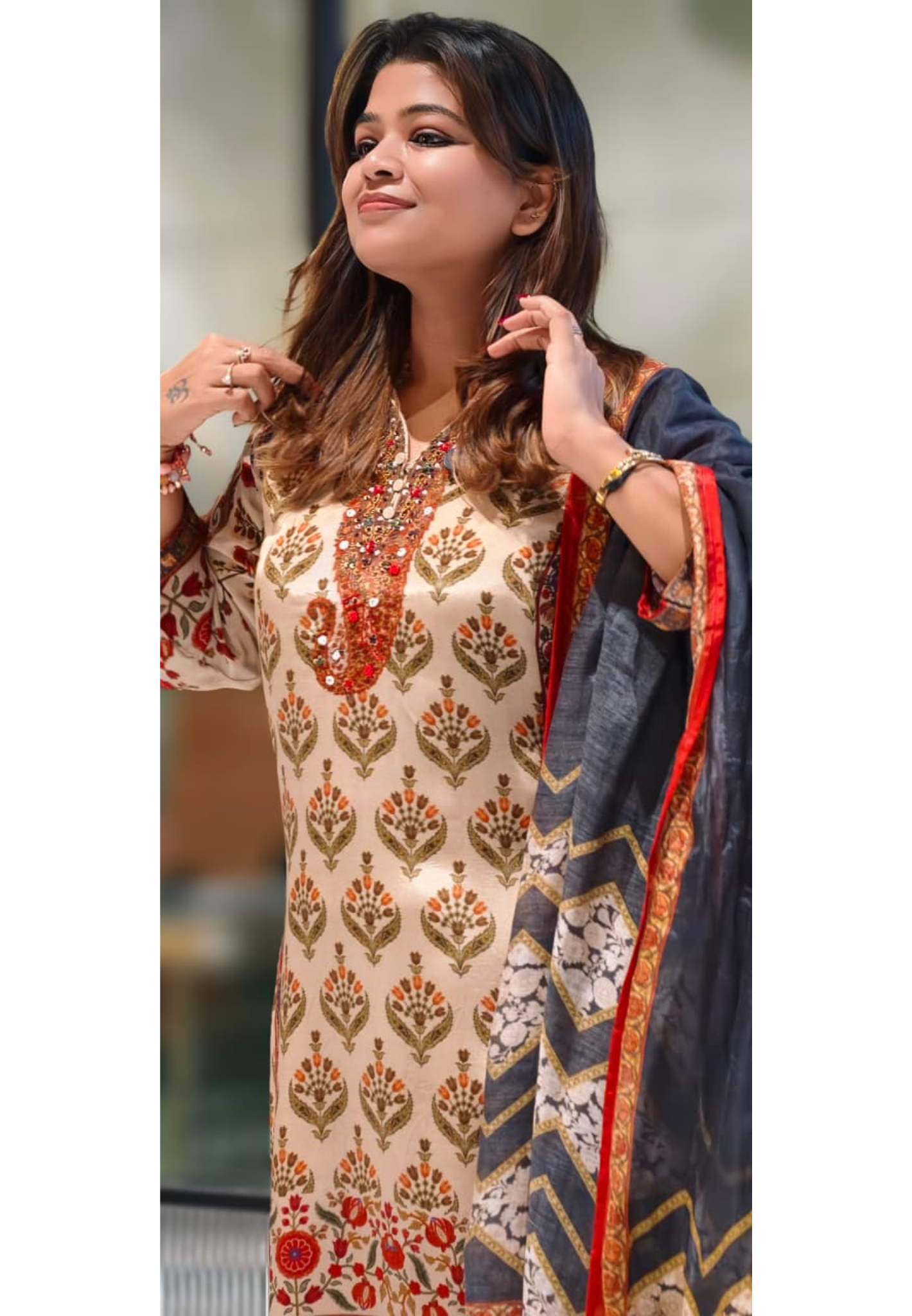Pure Crepe Beige Floral Printed Straight Cut Kurti with Embroidered Neckline and Matching Bottom- 13087