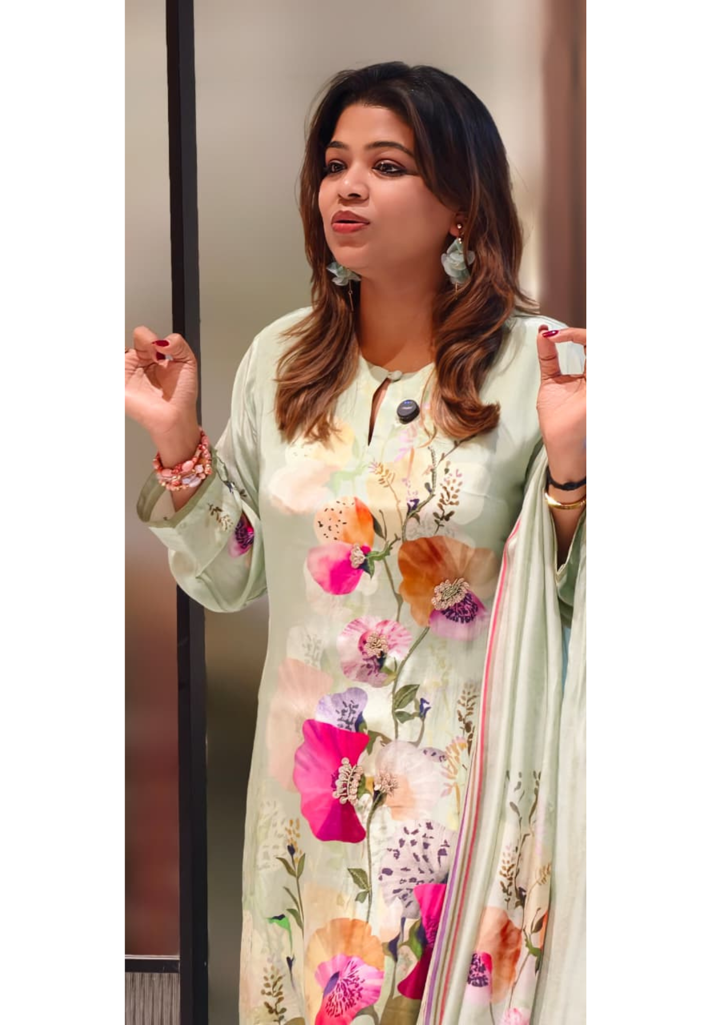 Elegant Mint Green Floral Printed Kurta With Matching Bottom & Dupatta In Crepe Fabric- 13093