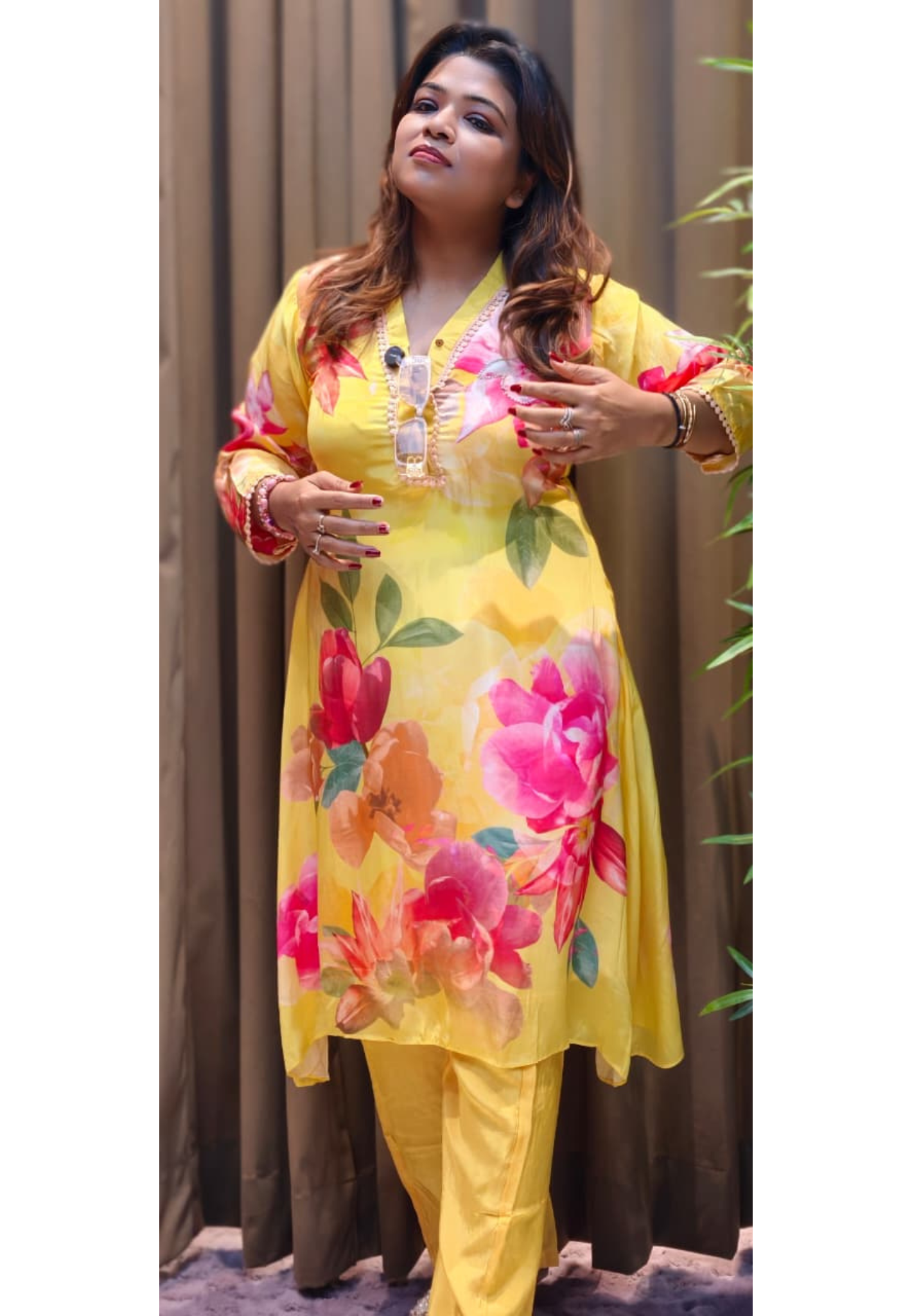 Elegant Yellow Floral Printed Kurta With Decorative Neck Detailing and Matching Pants In Pure Crepe Fabric- 13091