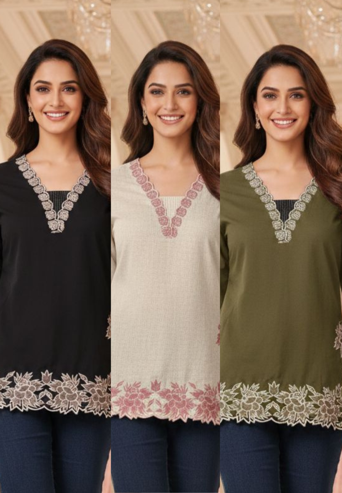 Very Minimally Rose Thread Embroidered Neck Line Short Kurti Only- 13156