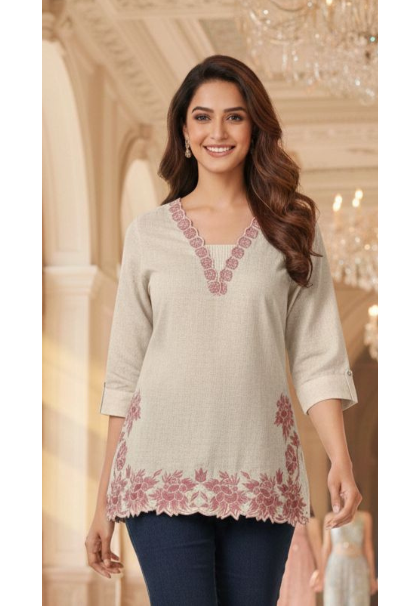 Very Minimally Rose Thread Embroidered Neck Line Short Kurti Only- 13156