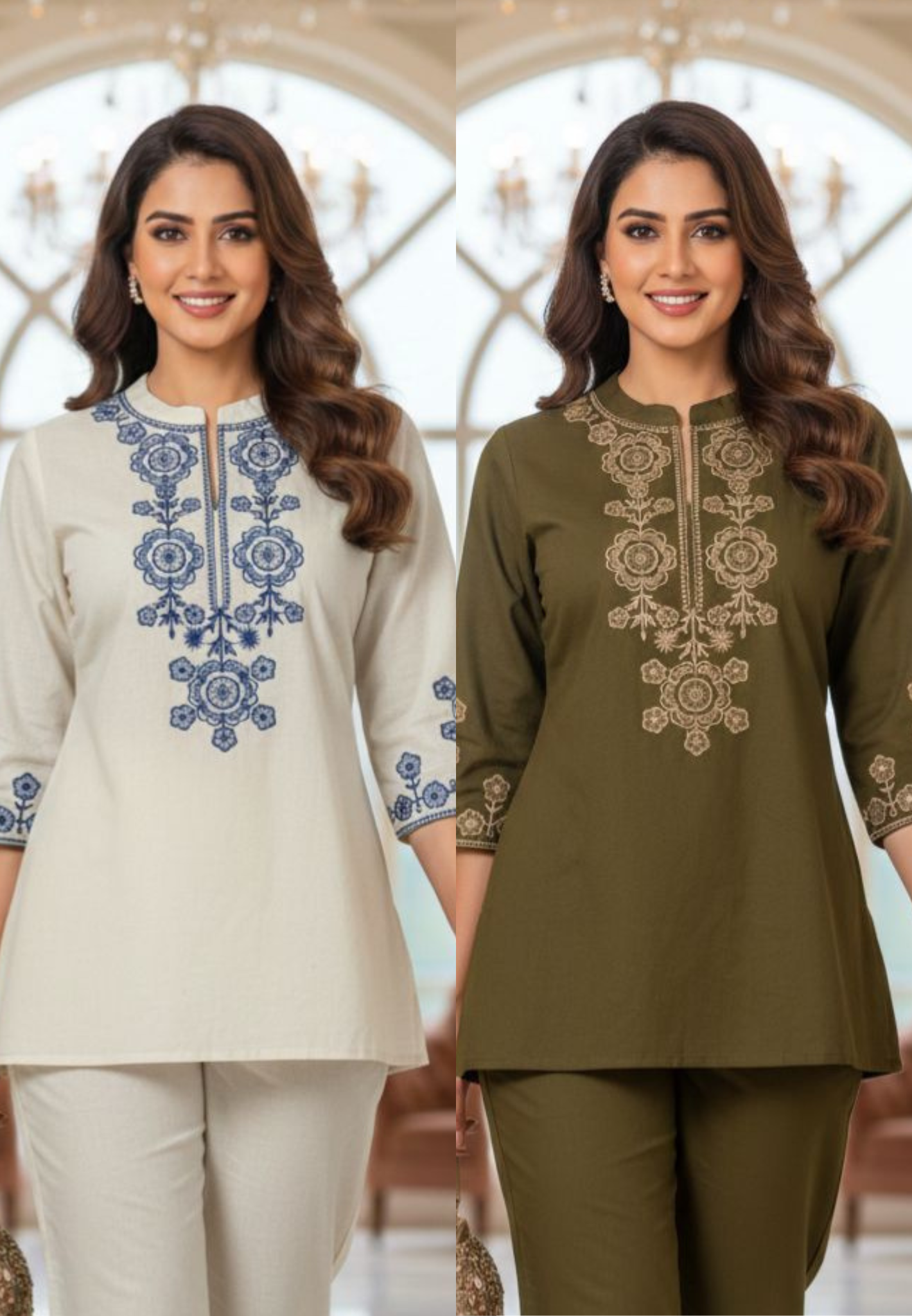 Floral Embroidery Yoke Mandarin Neck Line Short Kurti Only- 13164
