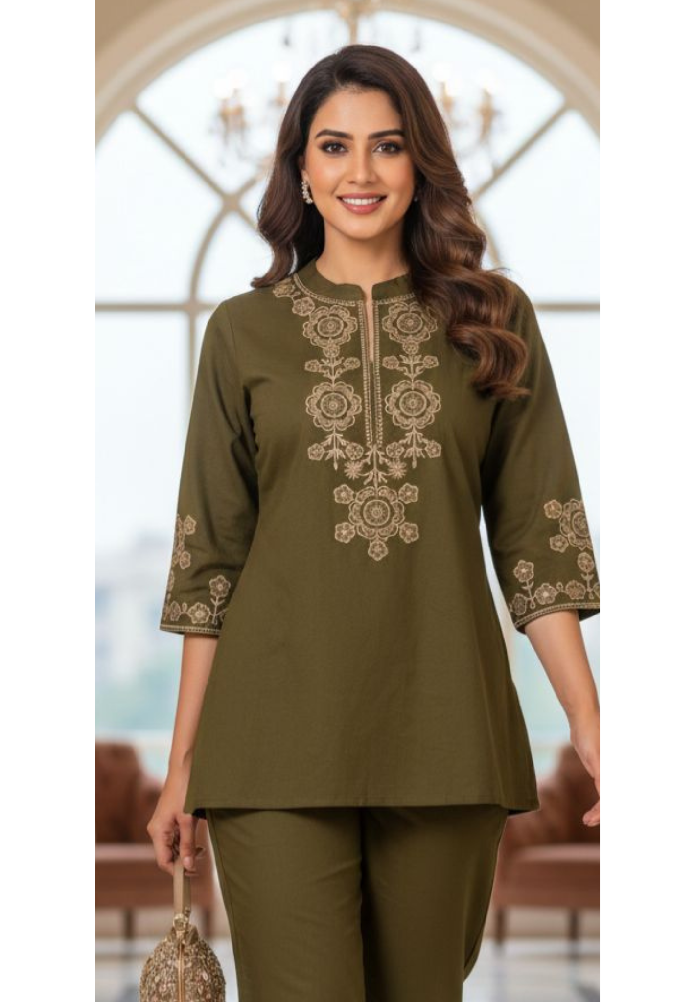 Floral Embroidery Yoke Mandarin Neck Line Short Kurti Only- 13164