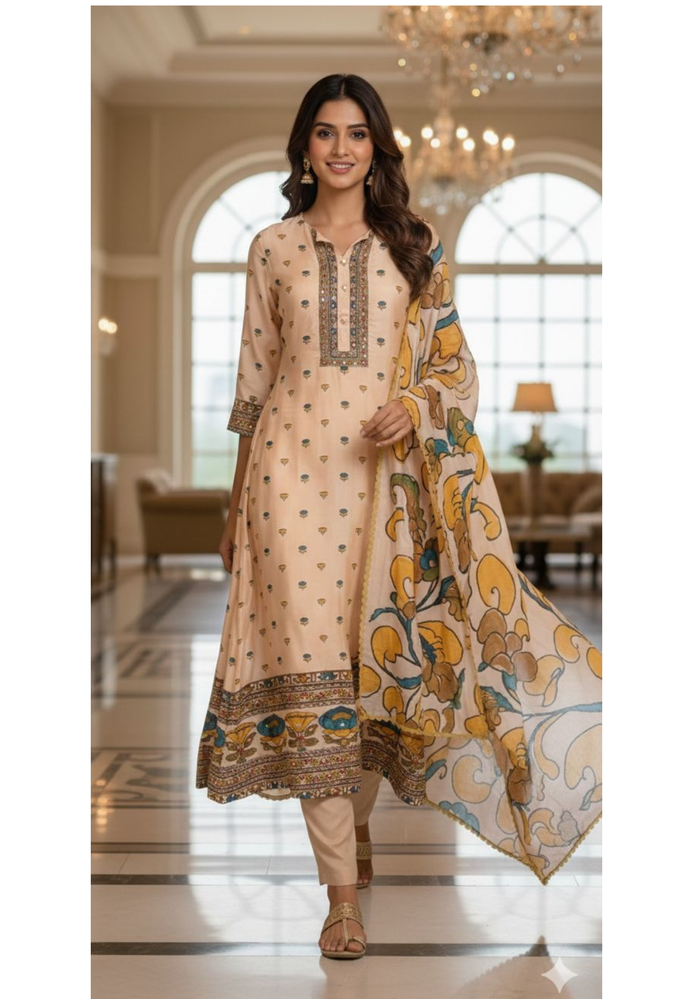 Ethnic A-Line Kurta Set With Foil Mirror Embroidery Detailing With Bottom In Russian Silk Fabric- 13141