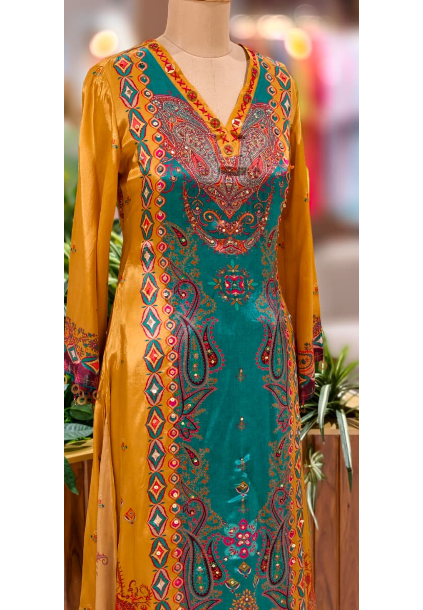 Mustard Elegance Complete Printed Kori Sleeve High & Low Kurta Pant Set In Crepe Fabric-13147