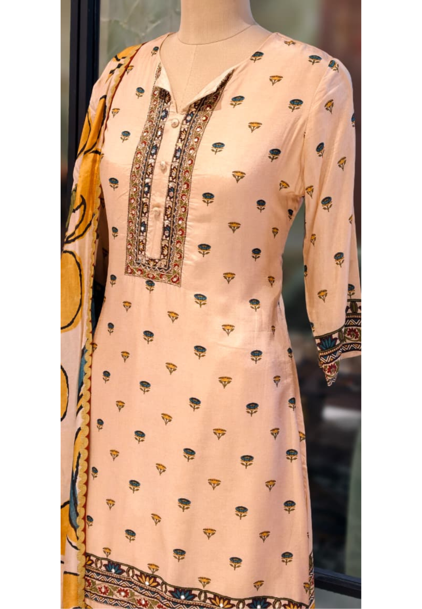 Ethnic A-Line Kurta Set With Foil Mirror Embroidery Detailing With Bottom In Russian Silk Fabric- 13141