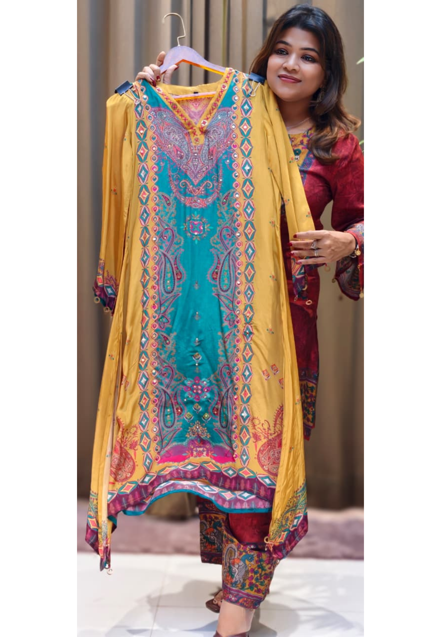 Mustard Elegance Complete Printed Kori Sleeve High & Low Kurta Pant Set In Crepe Fabric-13147