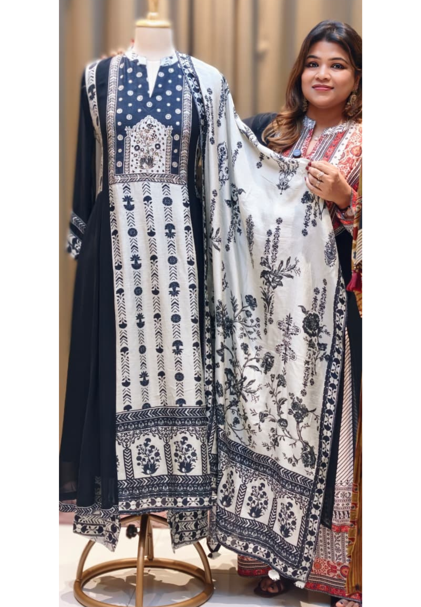 Ethnic Festive Printed A-Line Kurta With Matching Bottom & Dupatta Set In Russian Silk Fabric With Georgette Side Panel - 13177