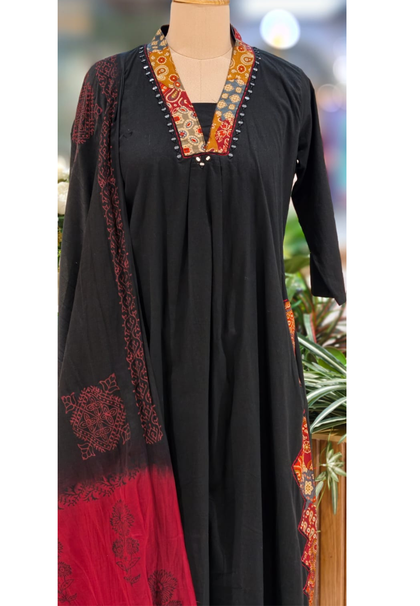 Zig-Zag Cut-Work Print Mirror Neck Line Anarkali Full Suit Set With Dupatta In Cotton Fabric- 13095