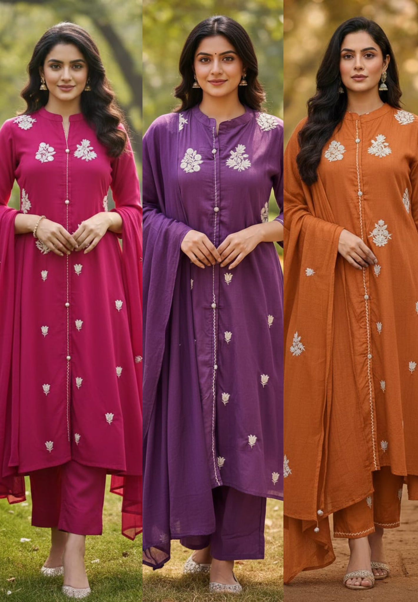 Pure Thread Embroidery Mandarin Collared Cotton Full Suit Set With Dupatta- 13206