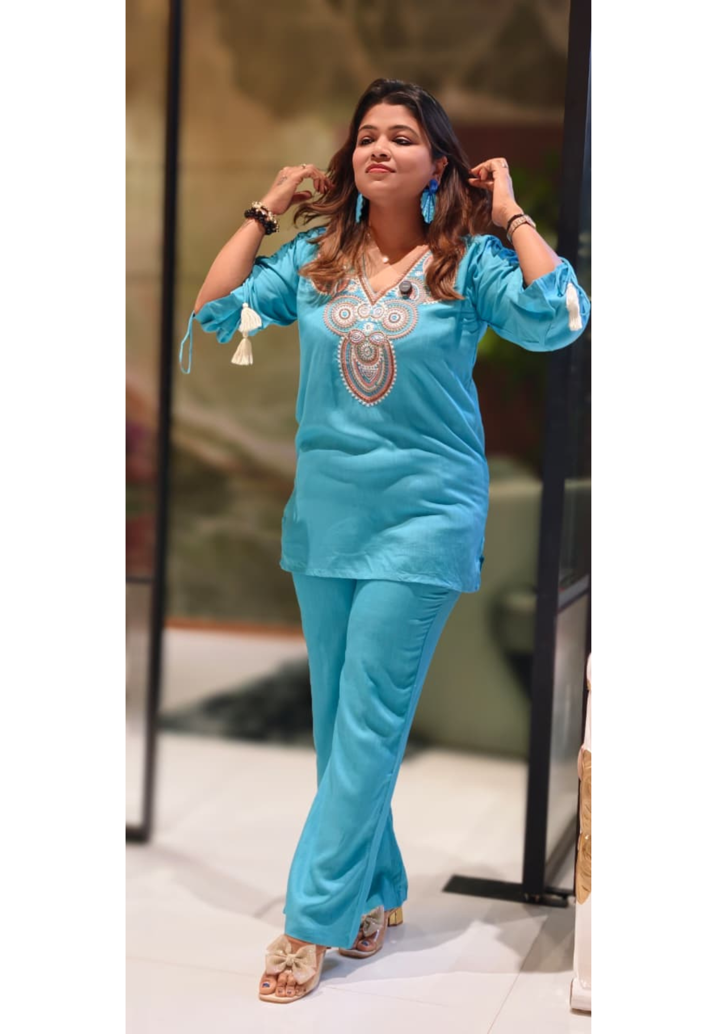 Multicolor Thread Embroidery Front Design Solid Co-Ord Set With Stylish Sleeve In Slub Cotton Fabric-13223