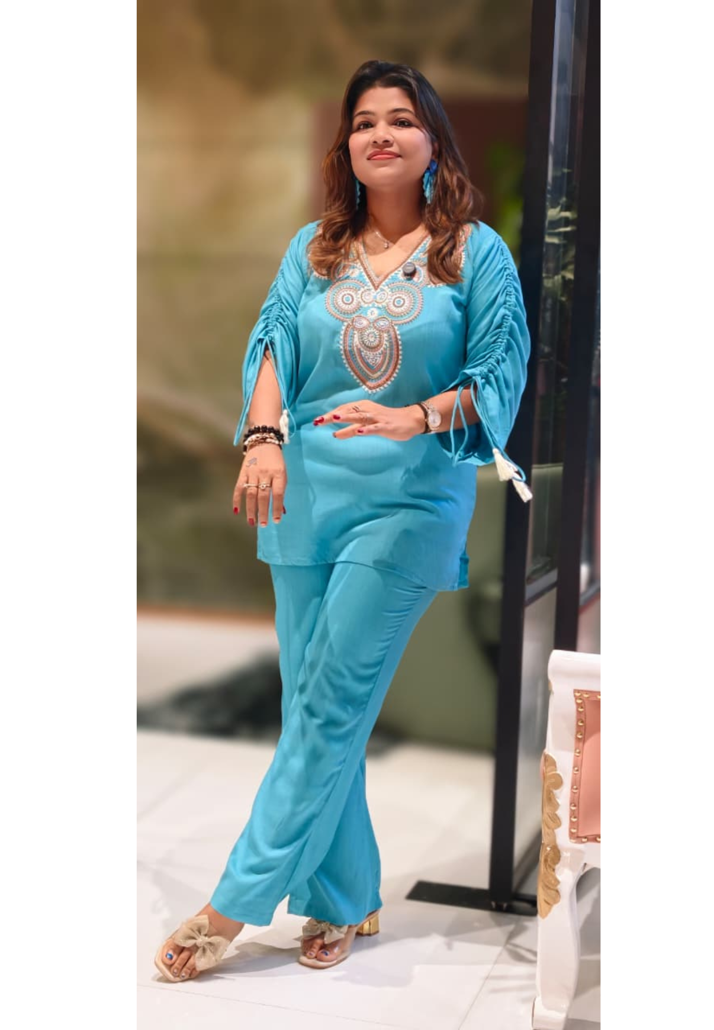 Multicolor Thread Embroidery Front Design Solid Co-Ord Set With Stylish Sleeve In Slub Cotton Fabric-13223