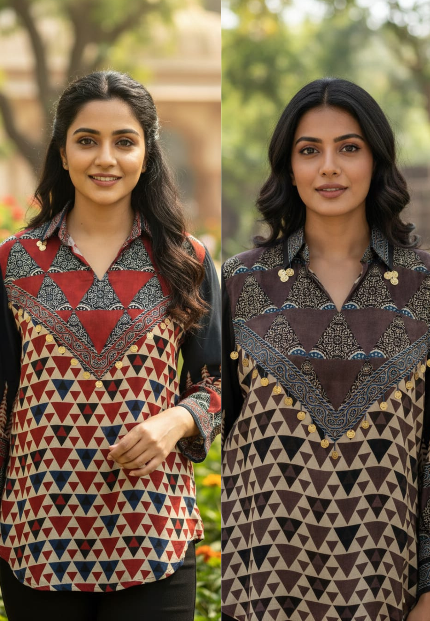 Geometric Triangle Print Ethnic Fusion Shirt In Crepe Fabric-13214,13211