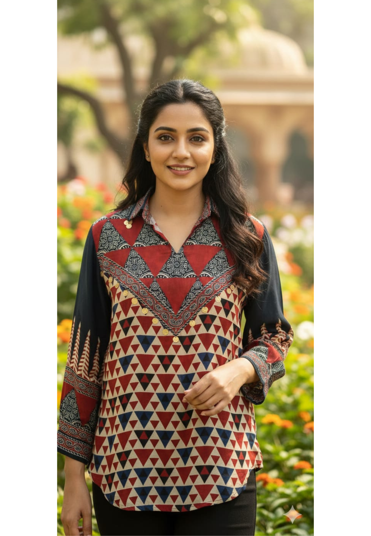Geometric Triangle Print Ethnic Fusion Shirt In Crepe Fabric-13214,13211