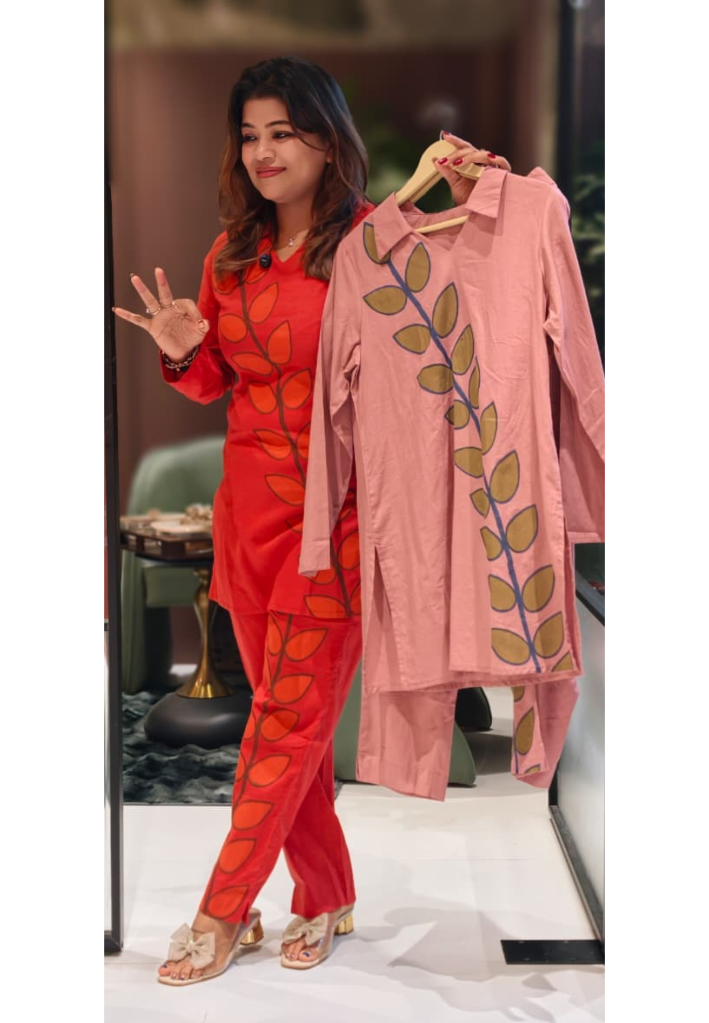 Placement Leafy Print Solid Color Matching Collared Co-Ord Set In Cotton Fabric-13219