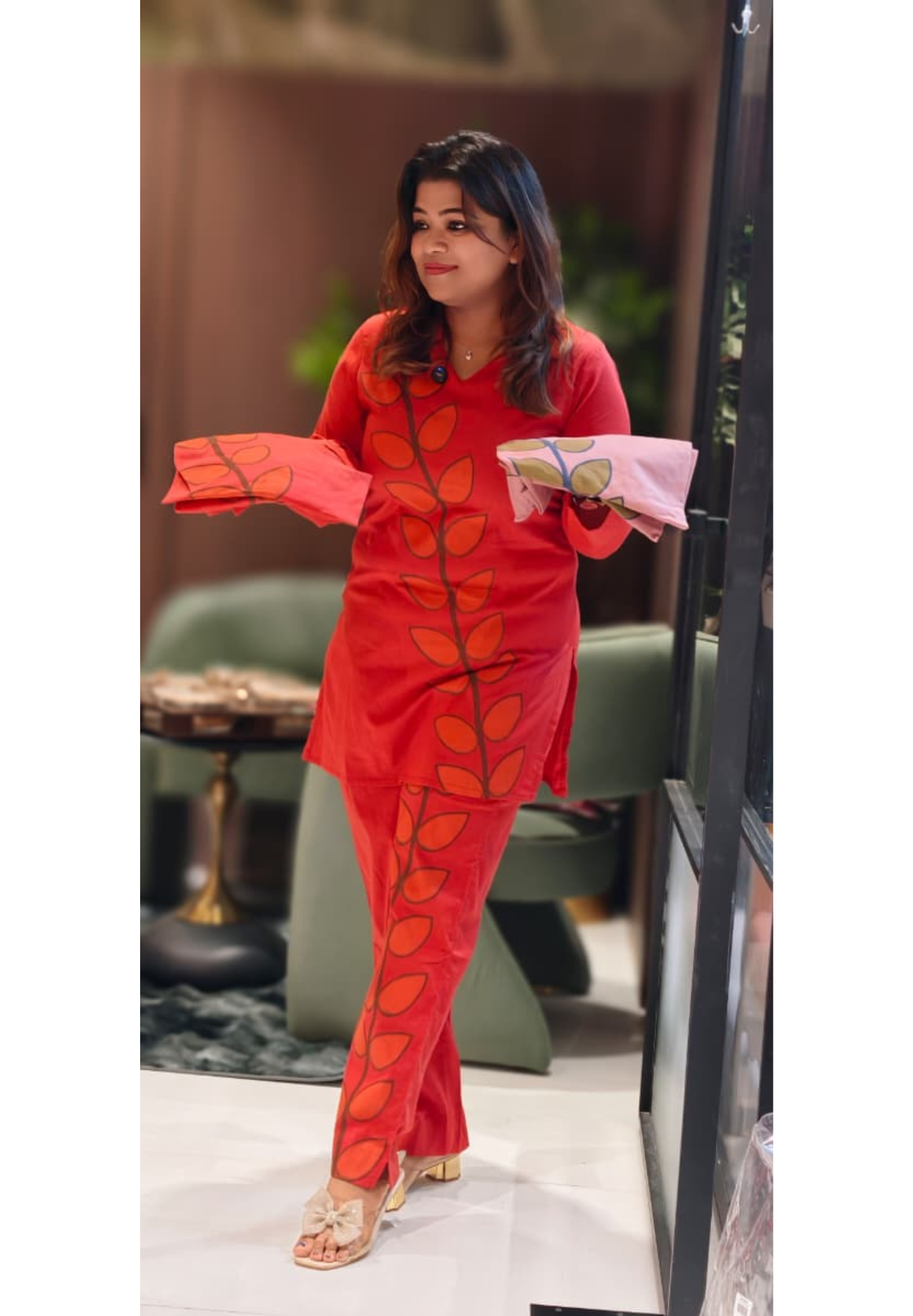 Placement Leafy Print Solid Color Matching Collared Co-Ord Set In Cotton Fabric-13219