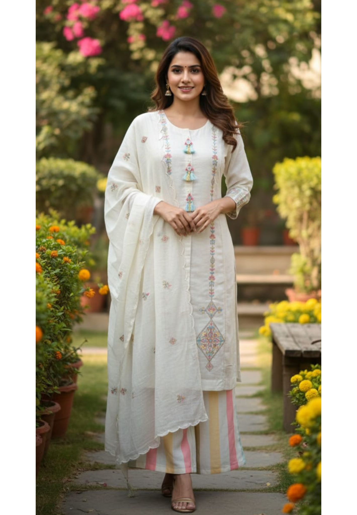 Pastel Contrasted Stripe Real Mirror Tasseled A-Line Full Suit Set With Dupatta In Linen Fabric-13234