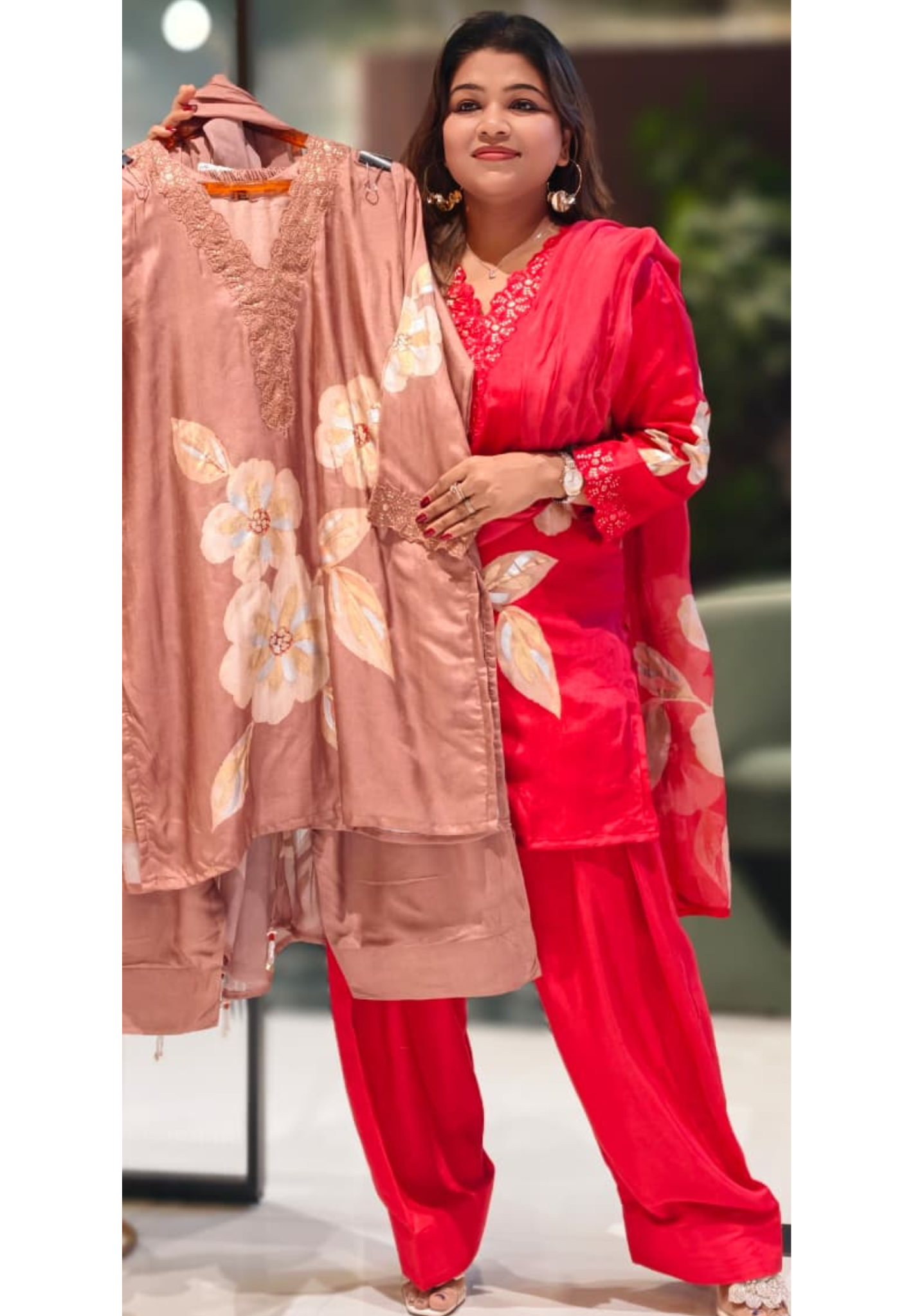 Floral Patch With Cut-Work Neck Line Full Suit Set With Dupatta & Farsi Shalwar-13231(Loose Fit)