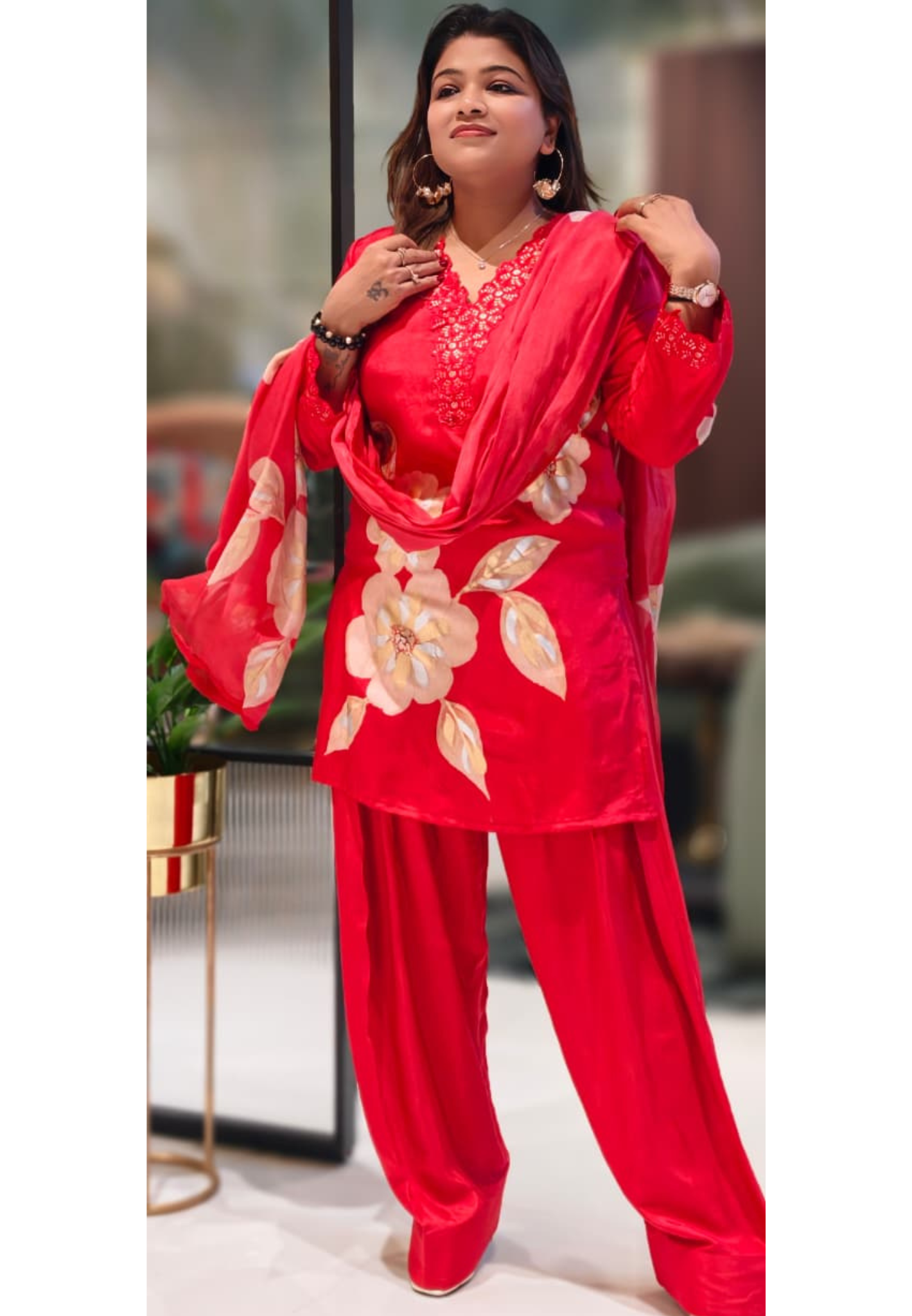 Floral Patch With Cut-Work Neck Line Full Suit Set With Dupatta & Farsi Shalwar-13231(Loose Fit)