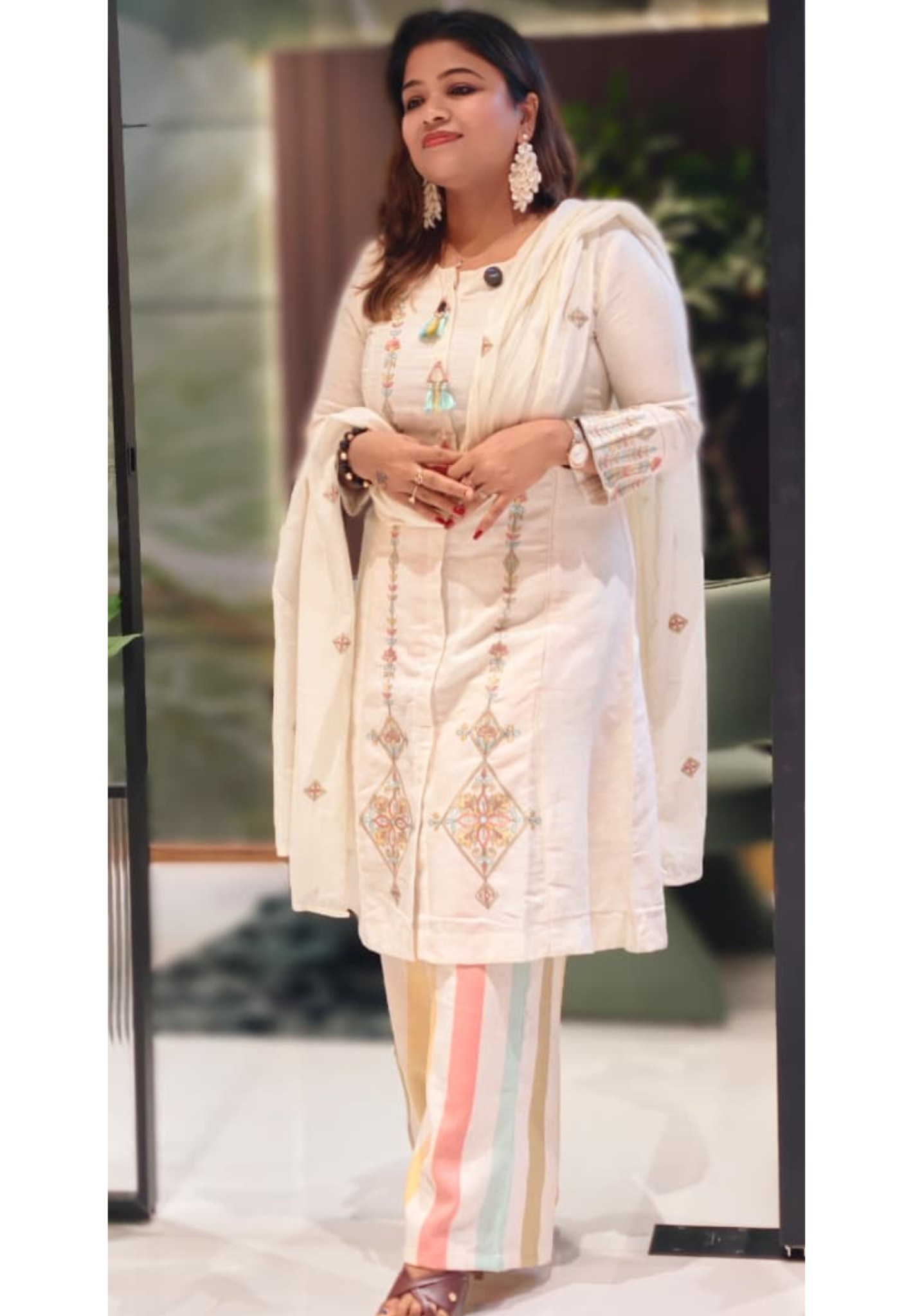 Pastel Contrasted Stripe Real Mirror Tasseled A-Line Full Suit Set With Dupatta In Linen Fabric-13234